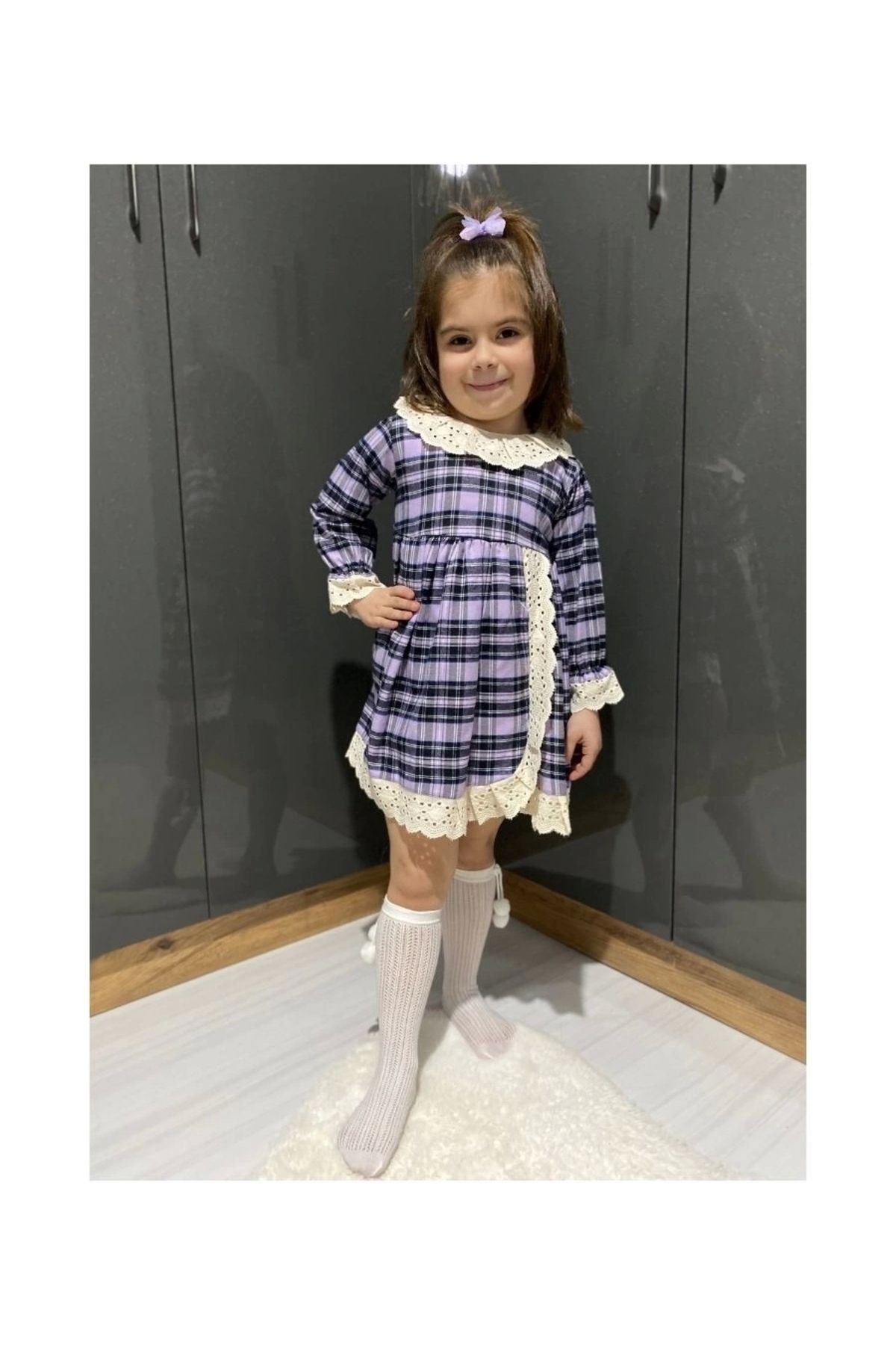 Kids Lila Renk Ekose Desenli Dantel Detaylı Elbise