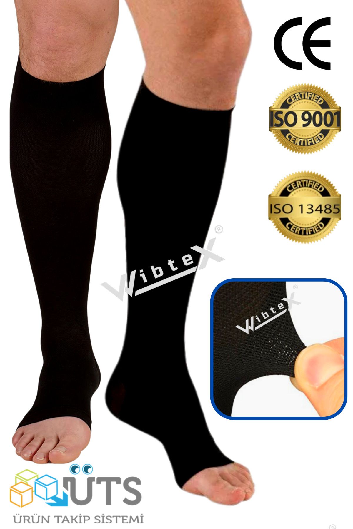 wibtex Diz Altı Variss Çorabı Orta Basınç Burnu Açık (SİYAH RENK) (ÇİFT BACAK)