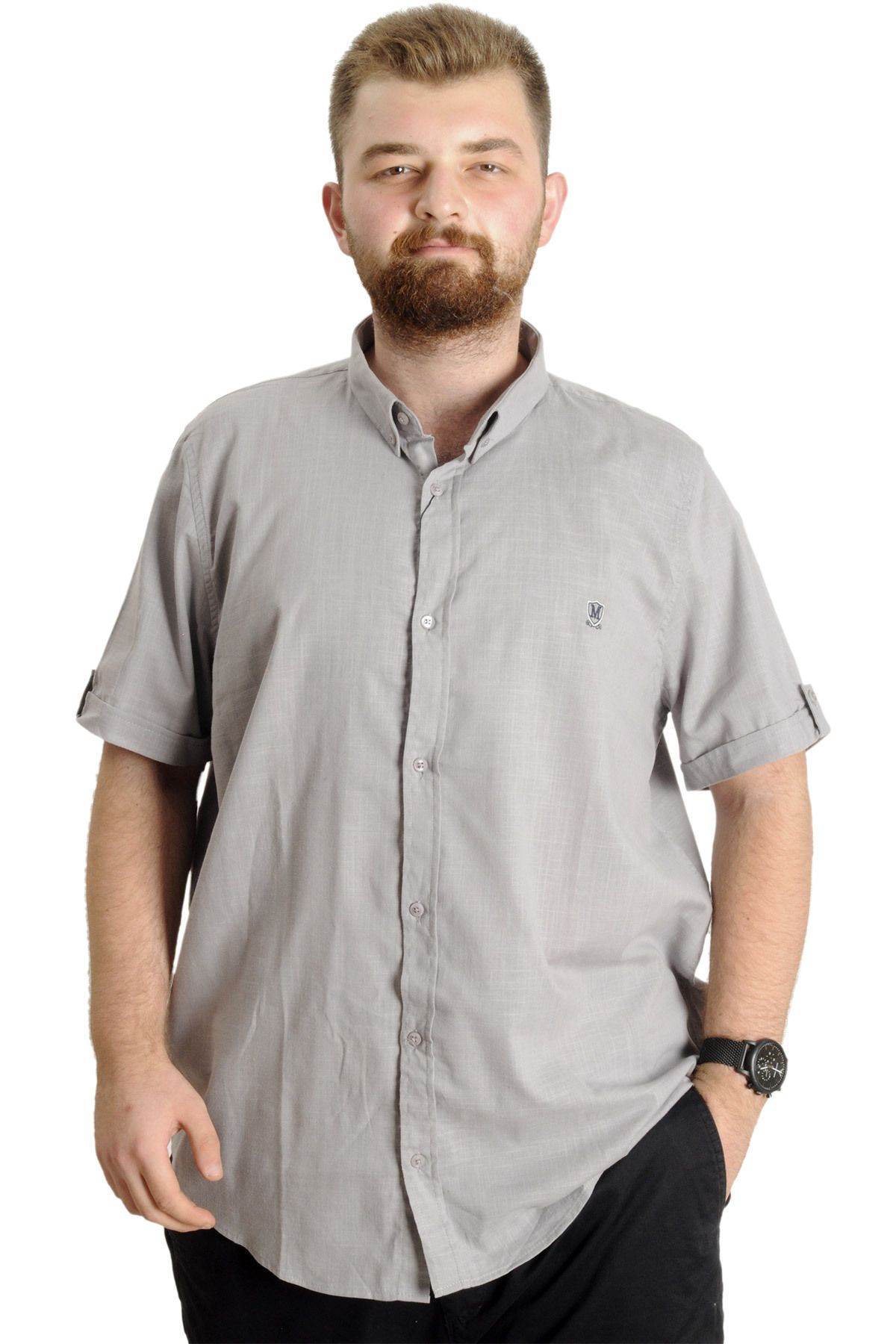 Modexl Mode XL Büyük Beden Erkek Gömlek K.Kol Keten Likralı Düğmeli Yaka 20393 Gri
