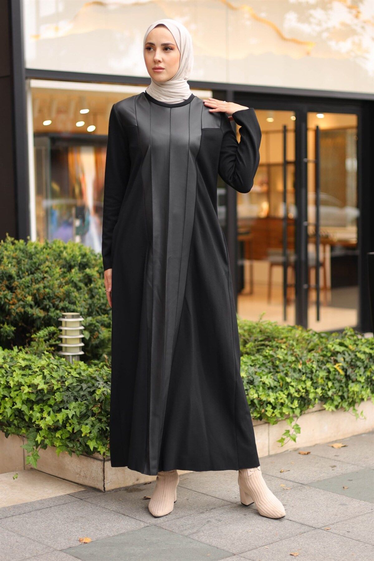 Ceremony Önü Deri Ve Nervül Detaylı Çelik Ağ Form Elbise 3711 Siyah