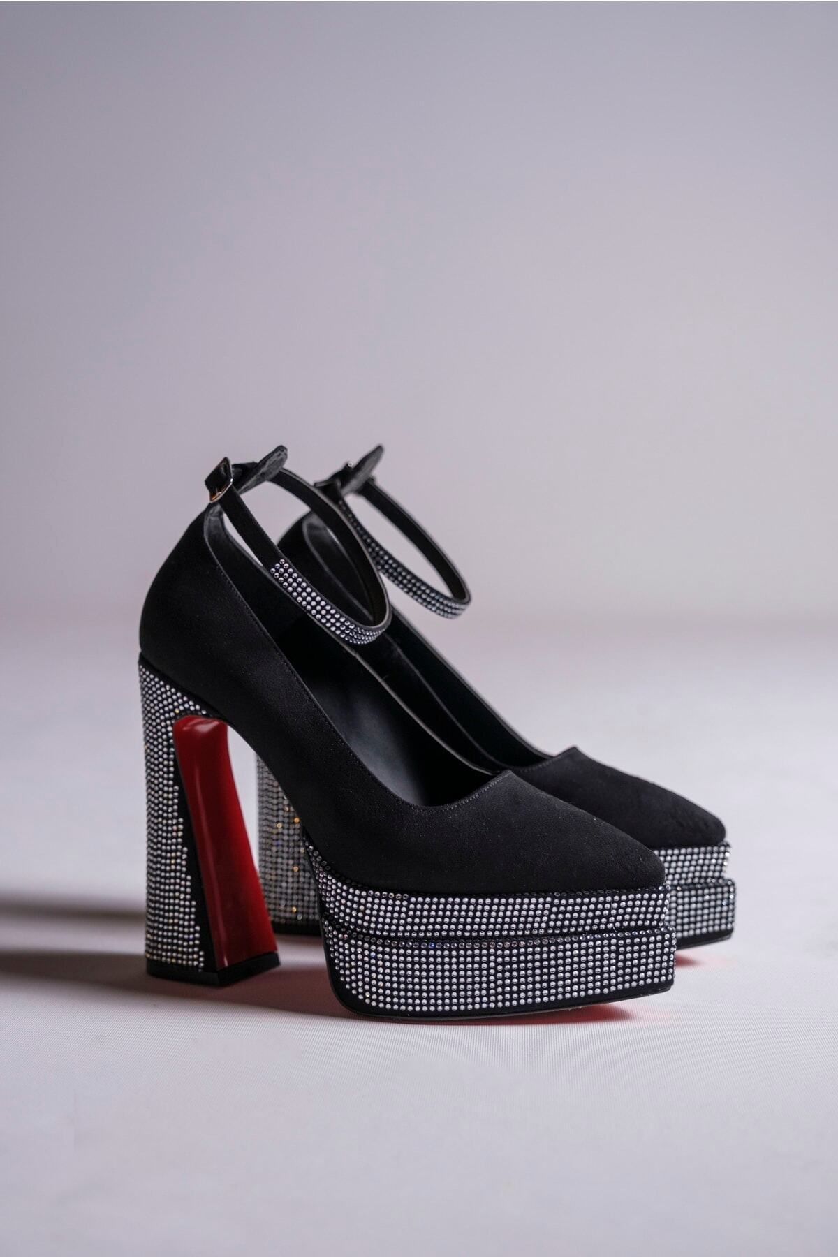 Ayakkabı Ateşi Siyah Süet Taşlı Çift Platform Tasarım Kadın Yüksek Topuklu Ayakkabı Nardis