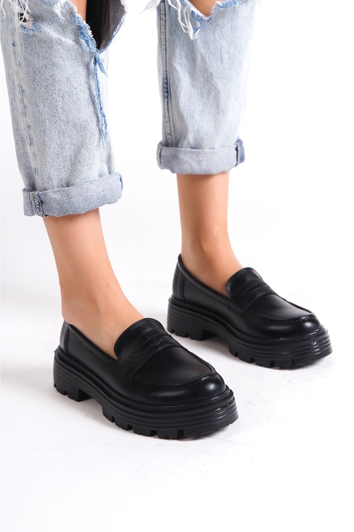 Artgoo kadın siyah cilt klasik loafer kolej ayakkabısı