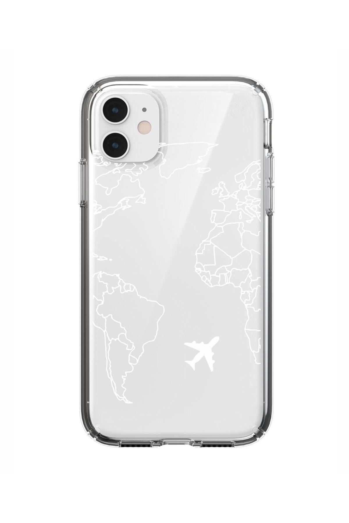 mooodcase Iphone 11 World Map Lines Premium Şeffaf Silikon Kılıf Beyaz Baskılı