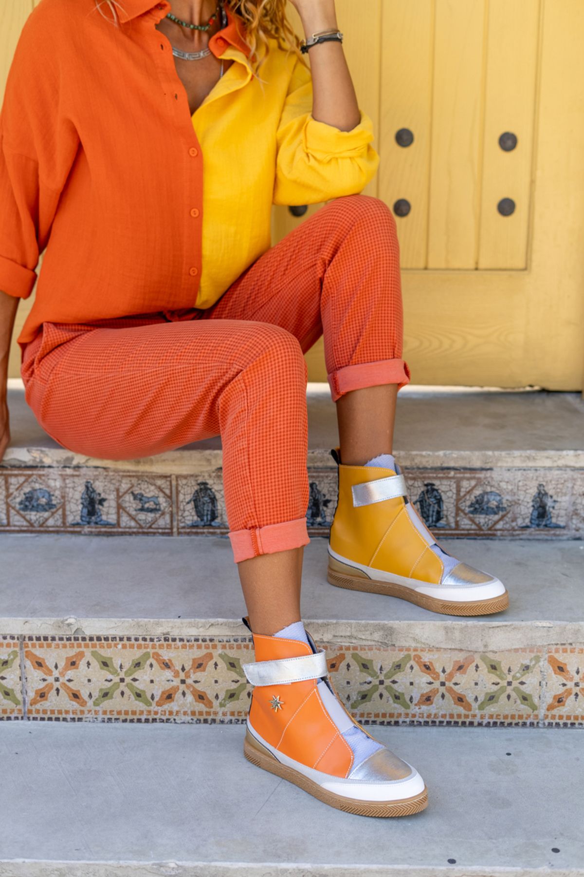 Güneşkızı Guki35 Kadın Sarı-turuncu Günlük Rahat Vegan Warm High Top Sneaker Gk-leporis031