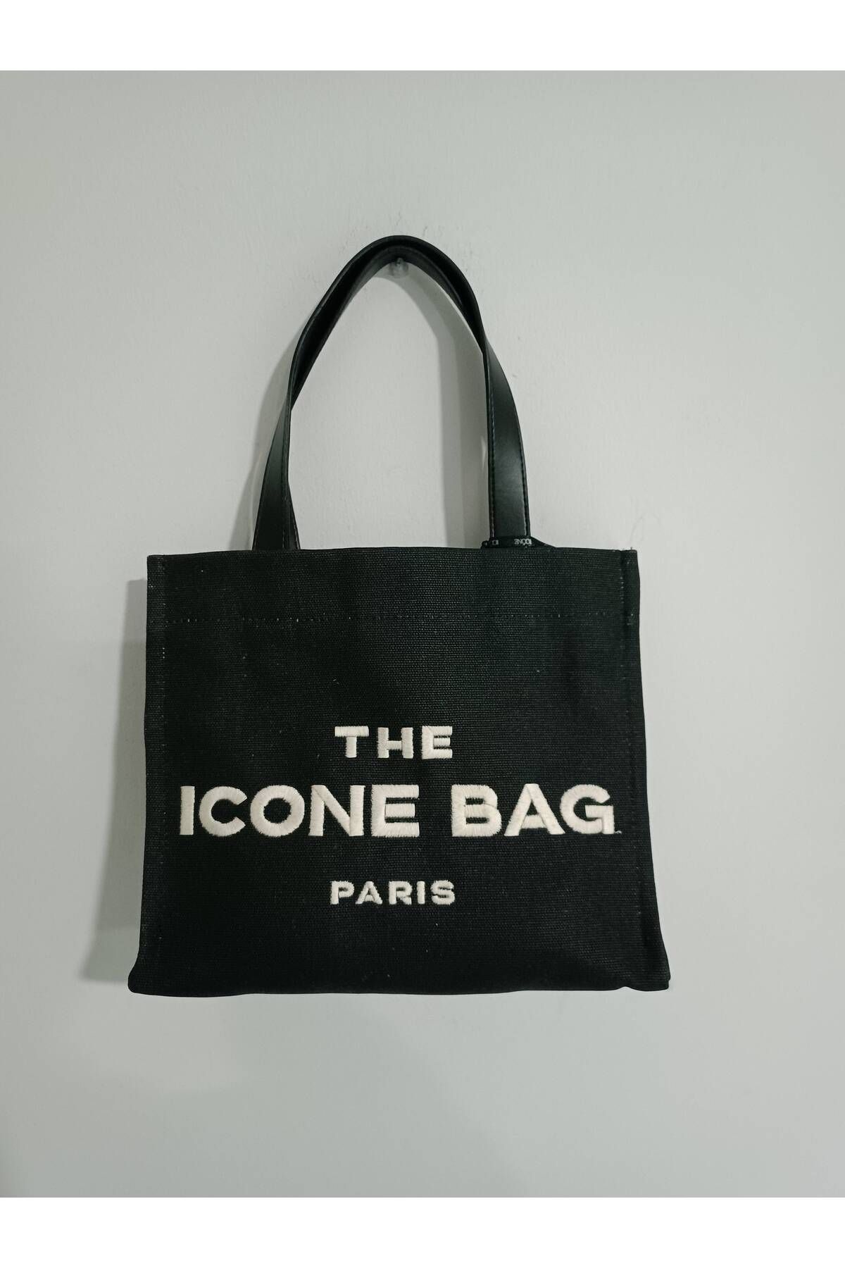 ICONE BAG Icone Siyah The Icone Bag Paris İşlemeli Tote Kadın Kol Çantası ve Omuz Çantası Orta Boy