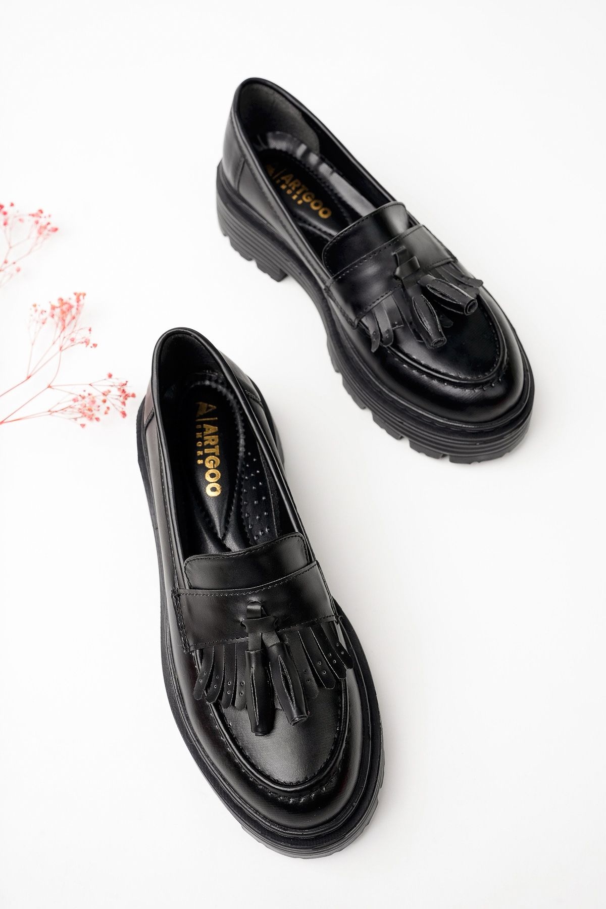 Artgoo kadın siyah cilt püsküllü loafer kolej ayakkabısı
