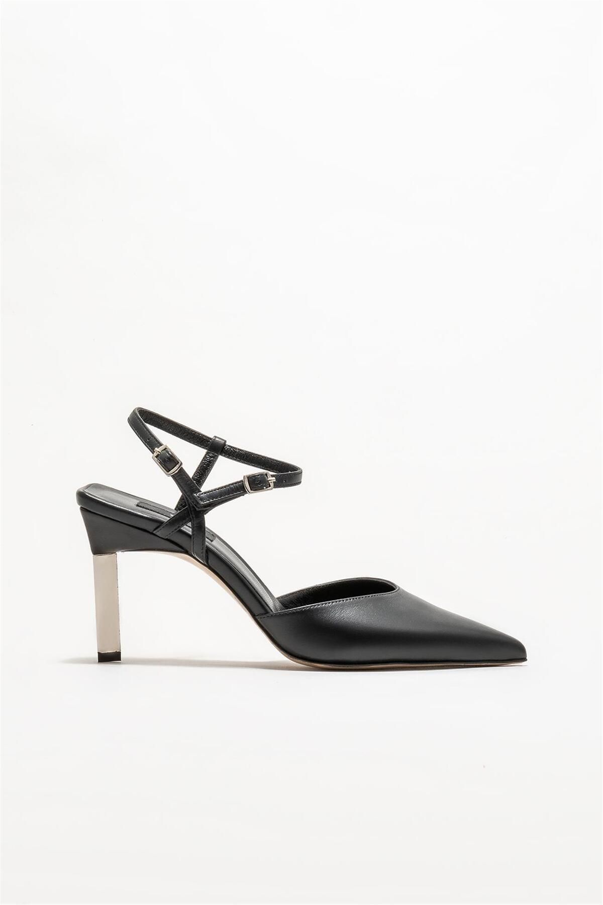 Elle Siyah Deri Kadın Topuklu Ayakkabı