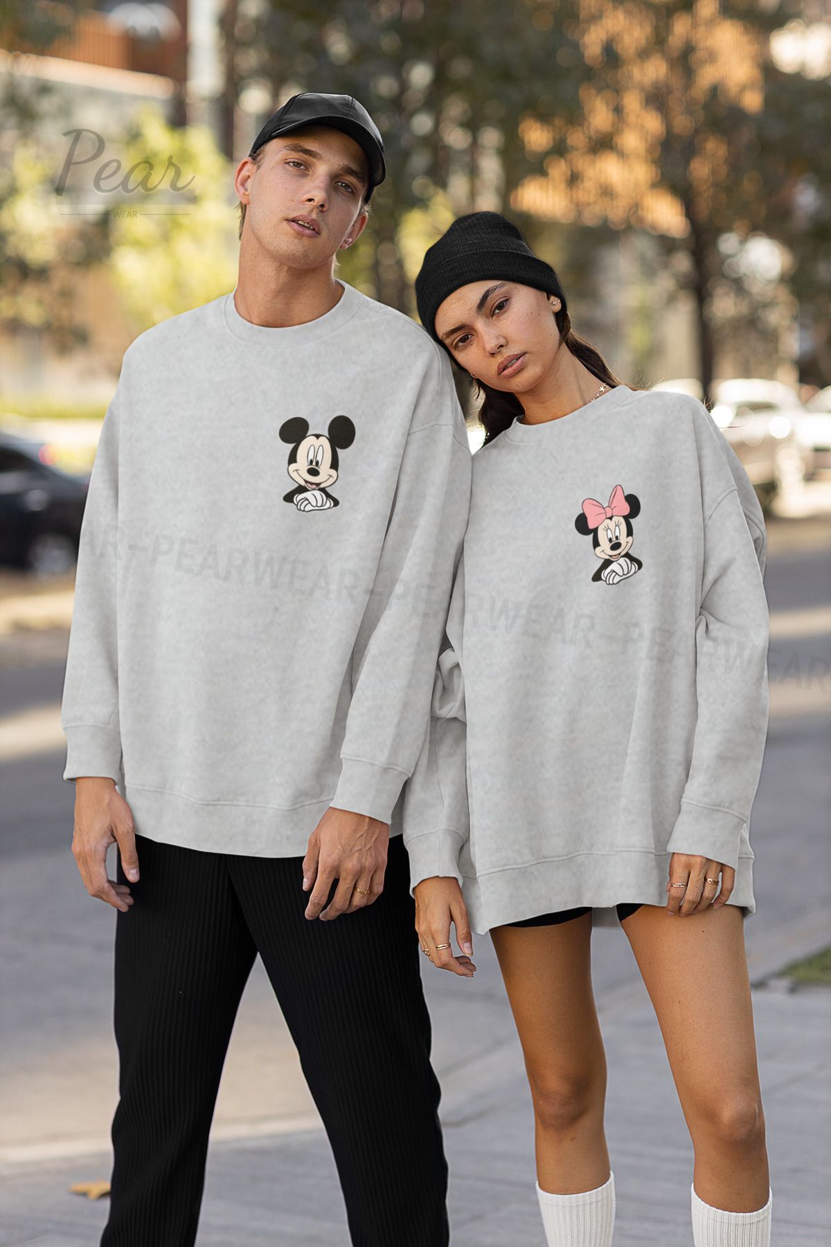Pear Wear Mickey Minnie Mouse Baskılı Çift Sweatshirt Unisex Oversize 2'li Sevgili Takım Hoodie