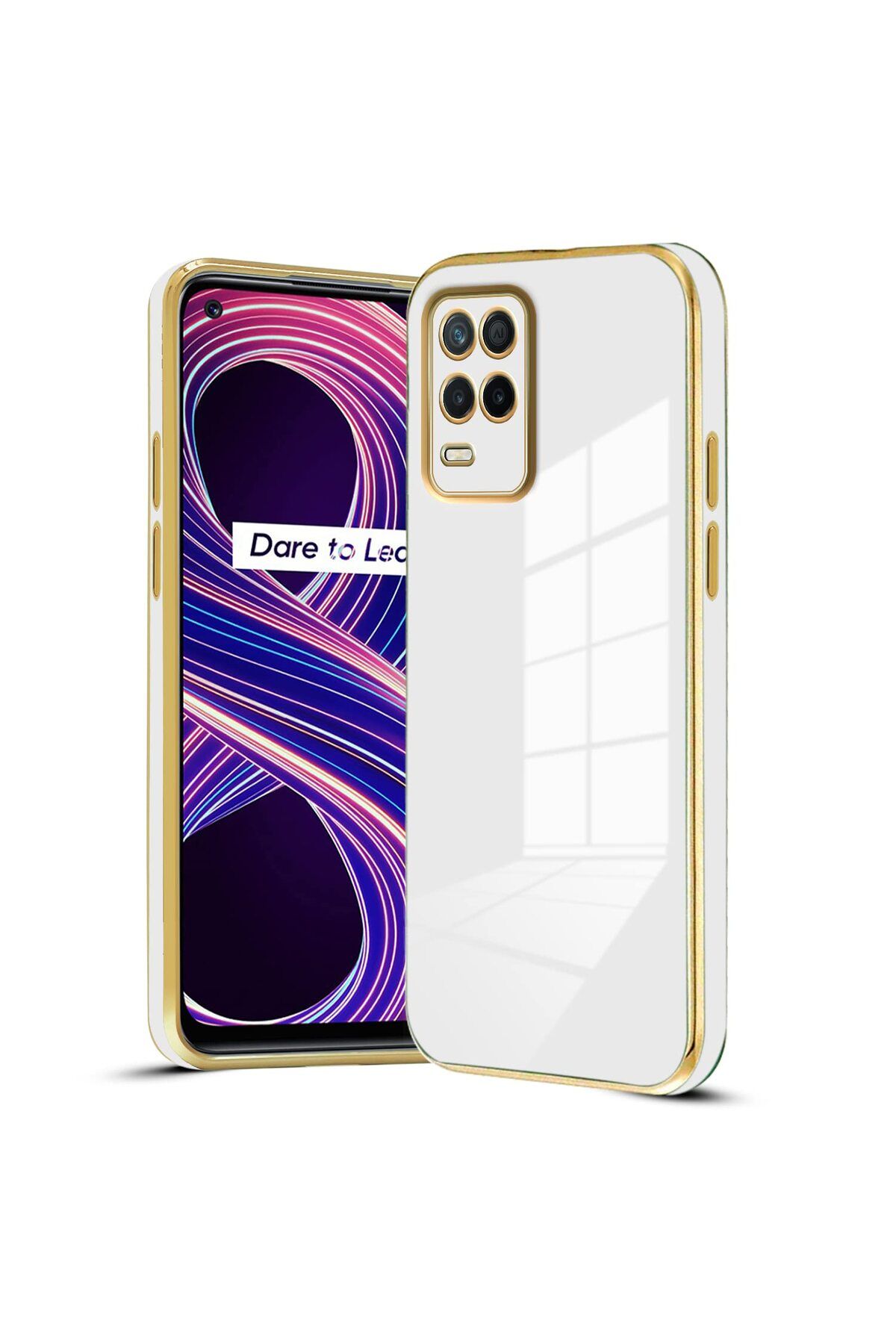 Fibaks Realme 8 - 8 Pro Kılıf Parlak Kenarlı Altın Işlemeli Kamera Korumalı Kapak