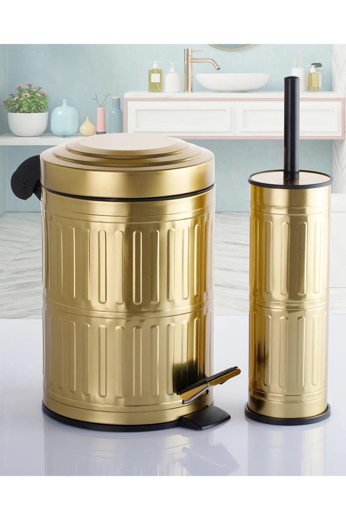 Sas Haus Pedallı Çöp Kovası Tuvalet Wc Fırçası Banyo Çöp Kovası 2li Banyo Seti 5 Litre Gold Vintage