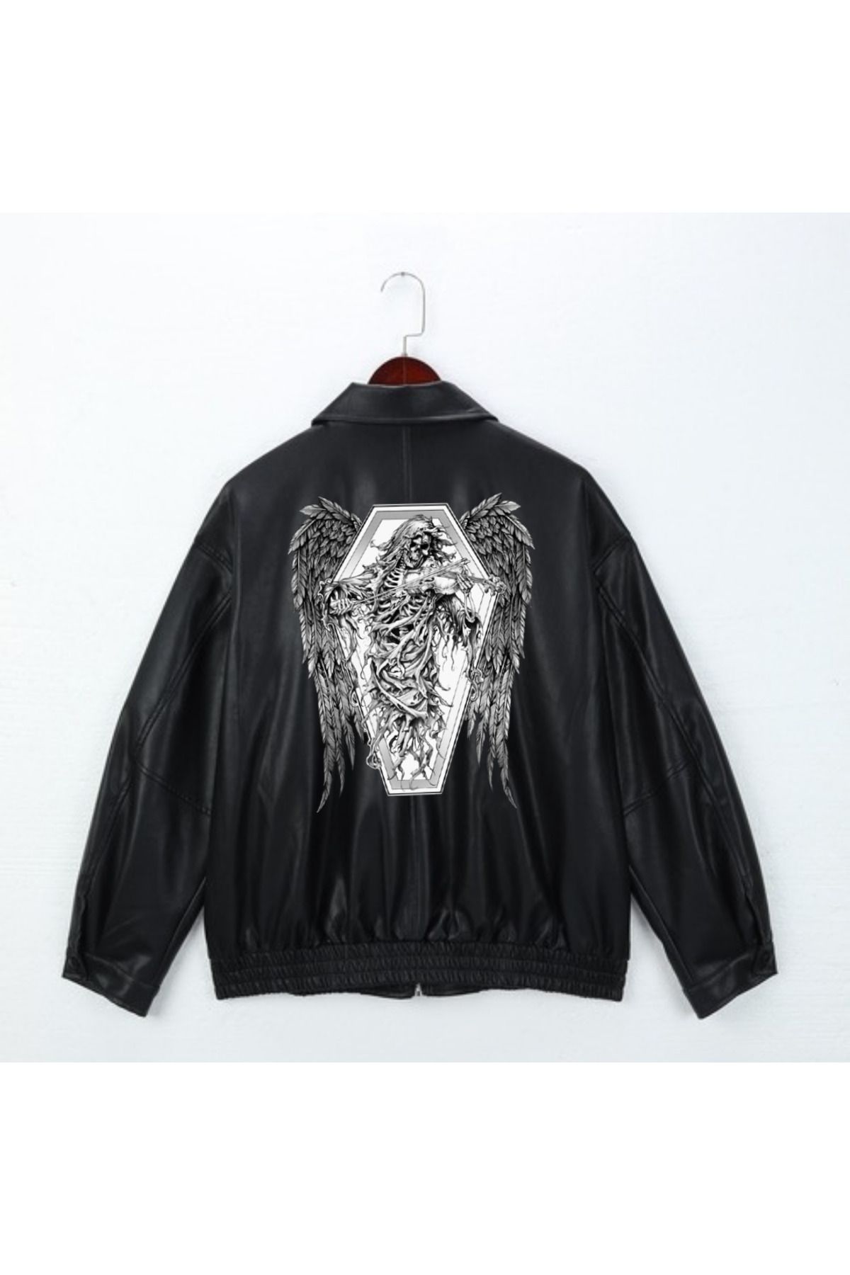 Touz Gothic Angel Skeleton Baskılı Streetwear Siyah Oversize Unisex Astarlı Deri Ceket