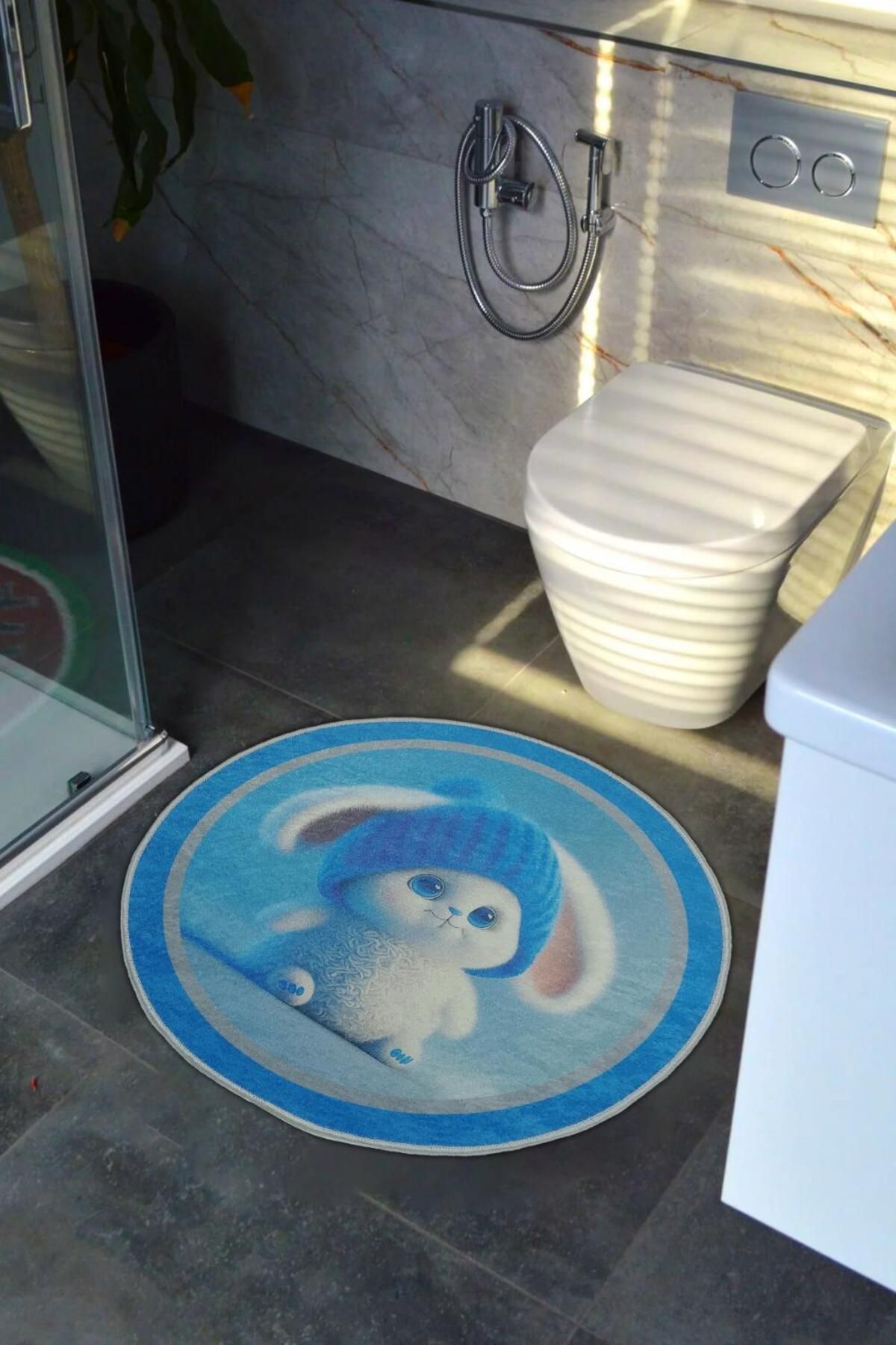 RICHMOST Dijital Baskılı Şapkalı ve Mavi Gözlü Sevimli Hayvan Baskılı Dekoratif Çocuk Banyo PasPası