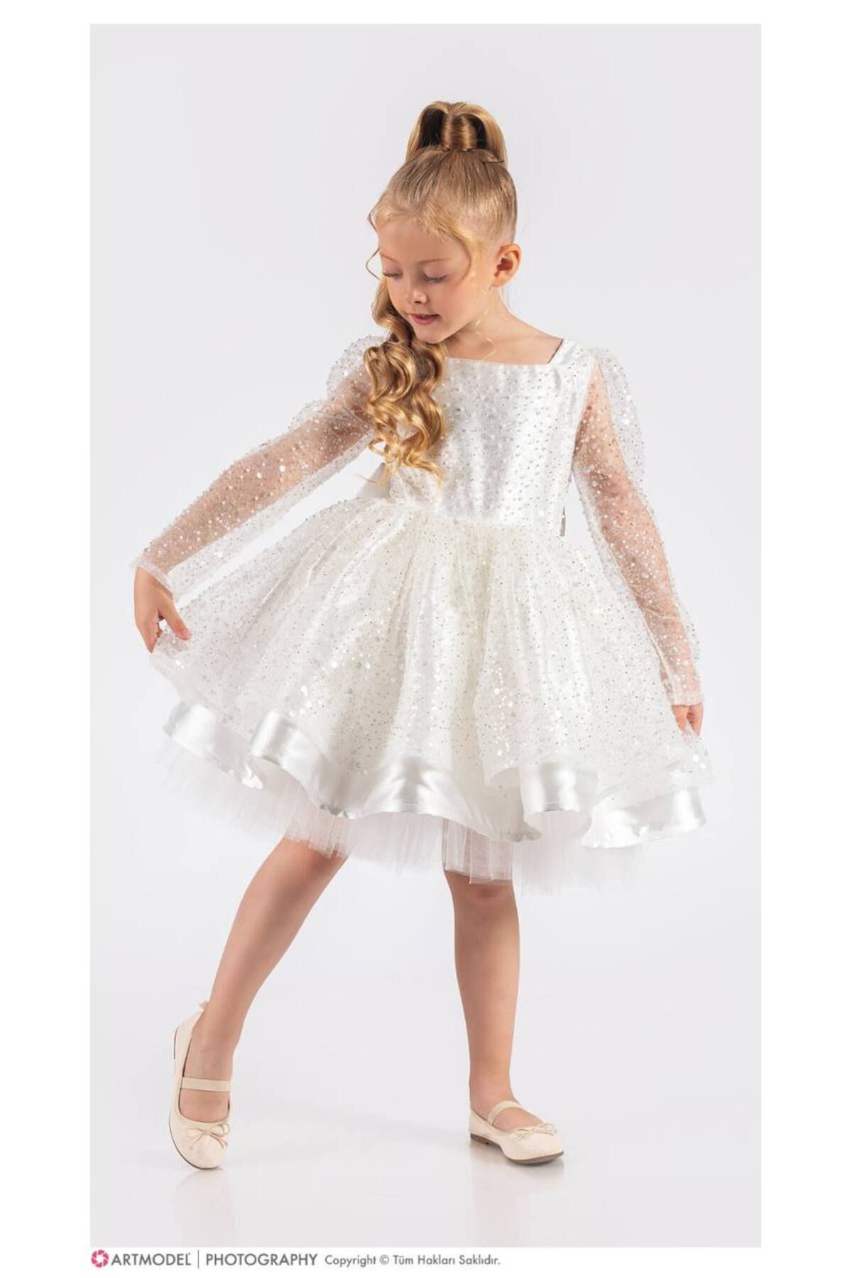 Sare Çocuk Giyim Krem Renk Prenses Model Pul Taş İşleme Çocuk Abiye Elbise