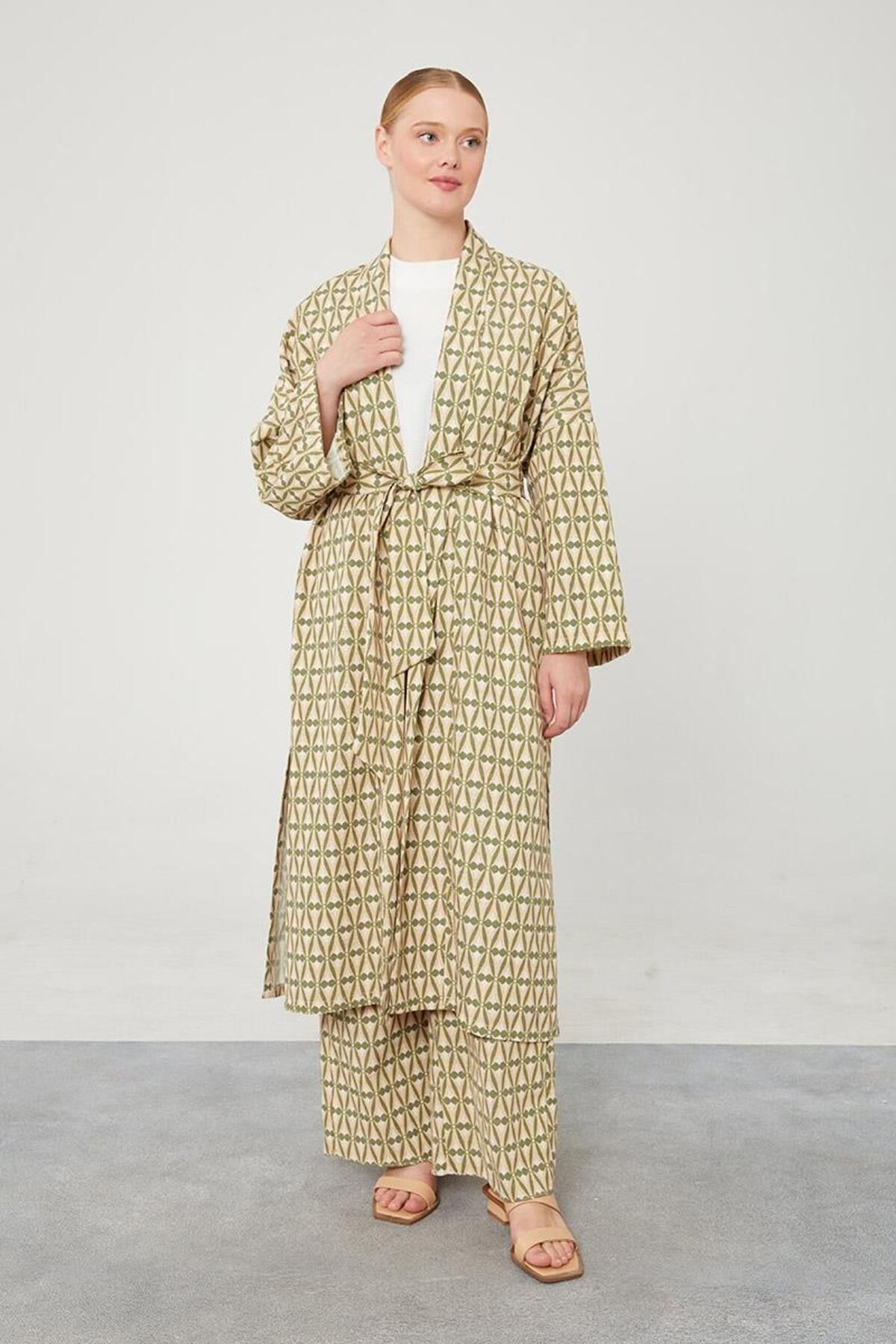 Levidor Haki Desenli Keten Kuşak Bağlamalı Kimono Takım