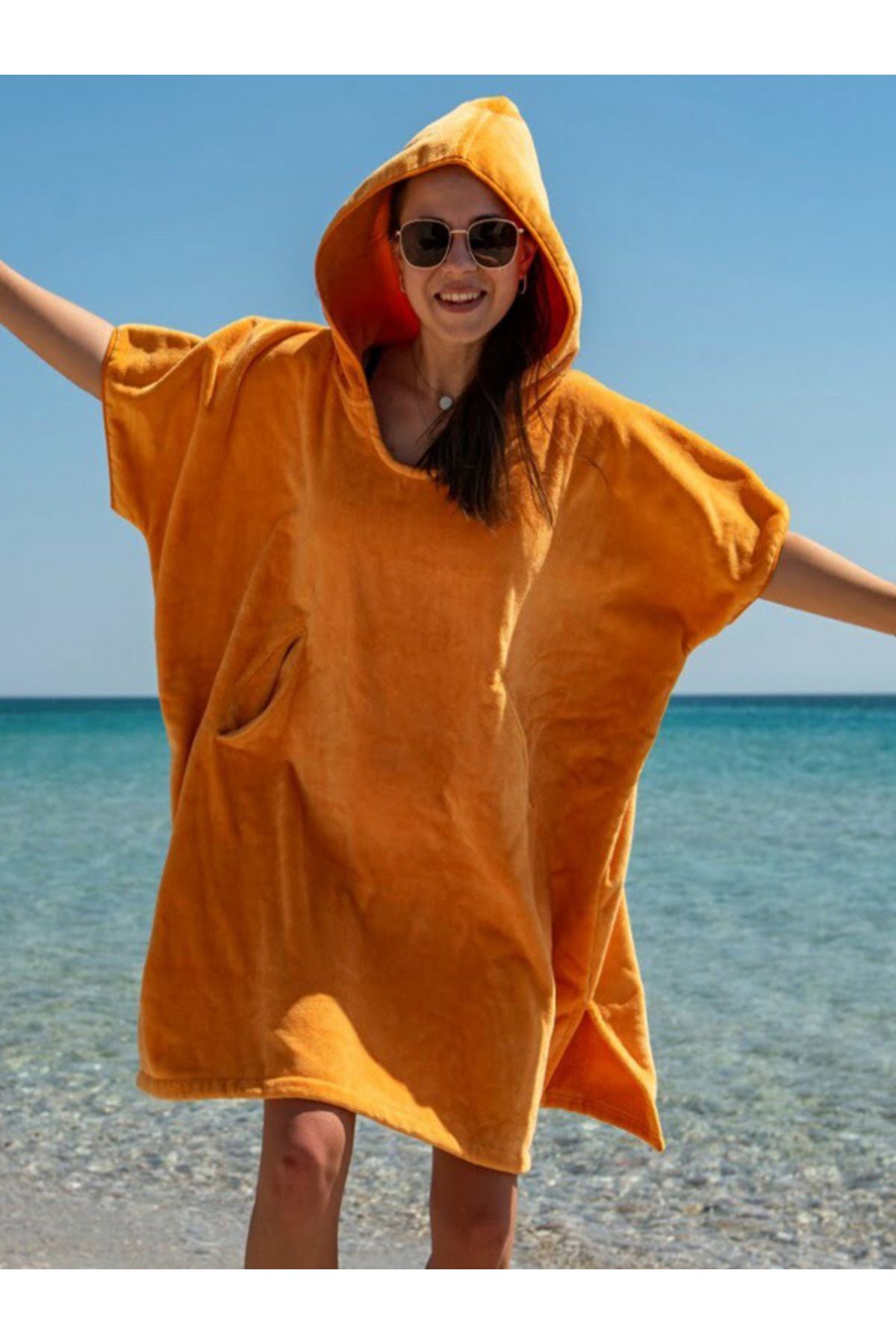 Seamate Kadın Turuncu Kapüşonlu Surf Panço, Giyilebilir Havlu, Taşınabilir Kabin Çantalı Mayo Değiştirme