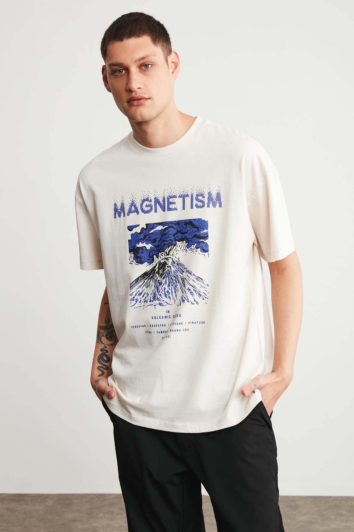 GRIMELANGE Maddox Erkek Oversize Fit %100 Pamuk Kalın Dokulu Baskılı Ekru T-shirt