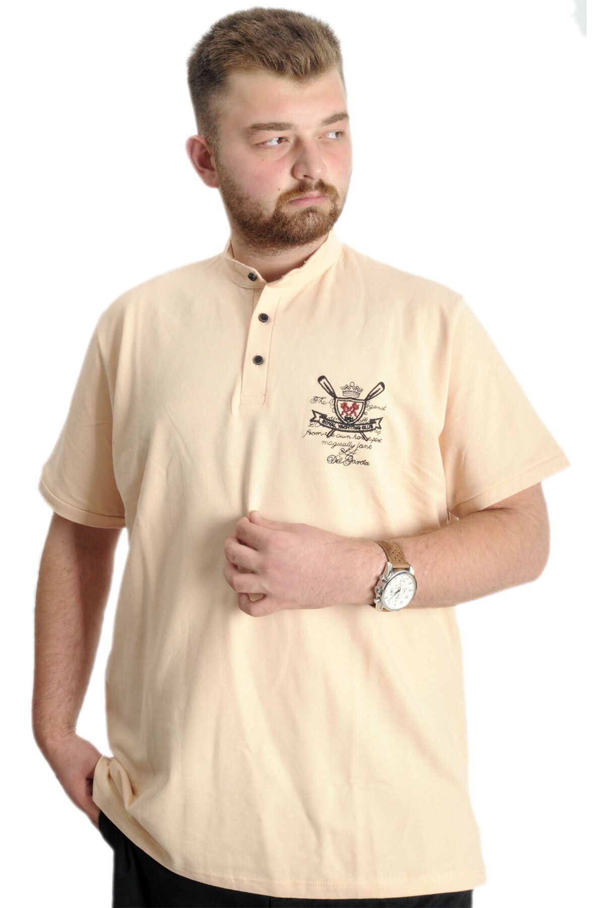Modexl Mode XL Büyük Beden T-Shirt Hakim Yaka Yatching 22327 Bej
