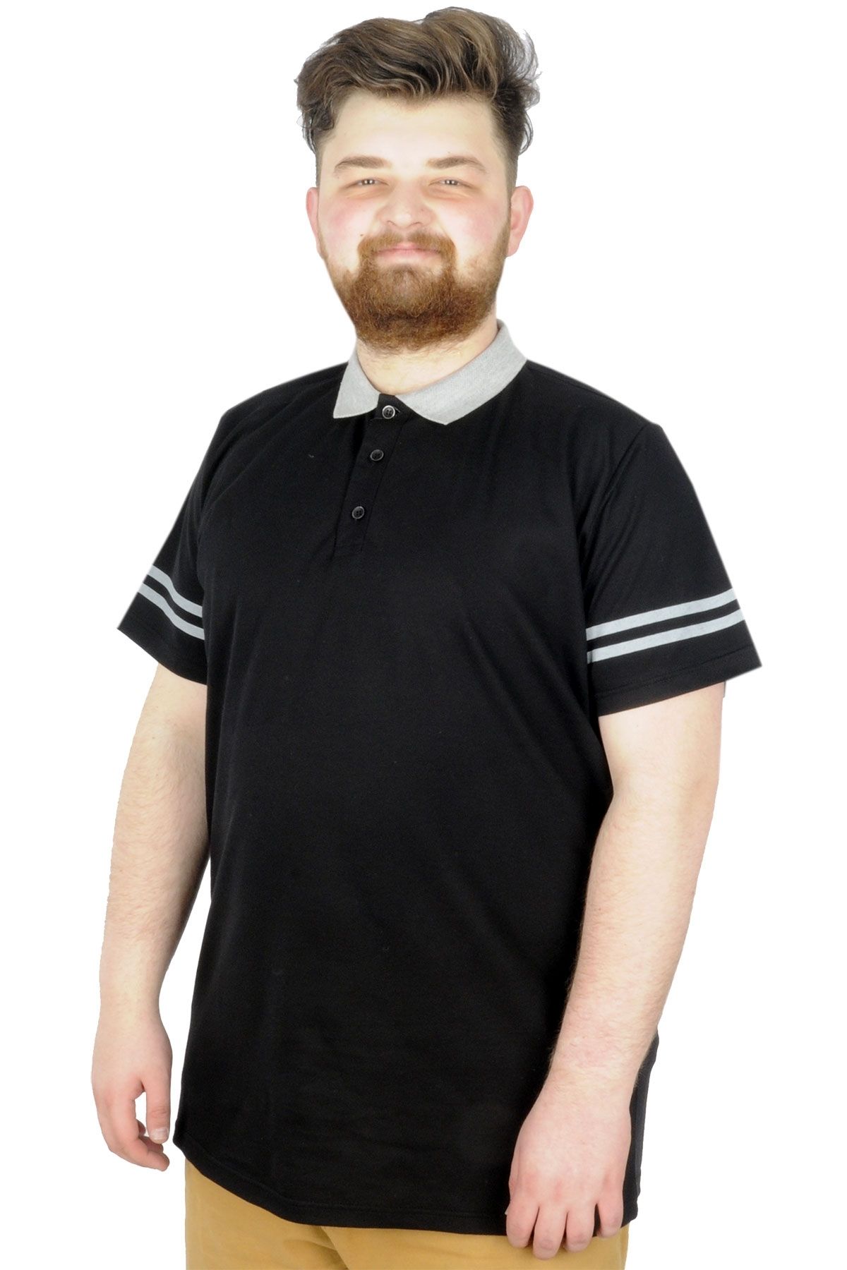 Modexl Büyük Beden T-shirt Polo Sleeve Striped 22336 Siyah