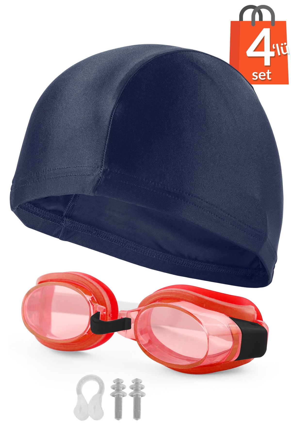 Telvesse 4lü Set Yüzücü Gözlüğü Kumaş Bone Kulak Ve Burun Tıkaçlı Set Yüzme Havuz Deniz Gözlüğü Kırmızı