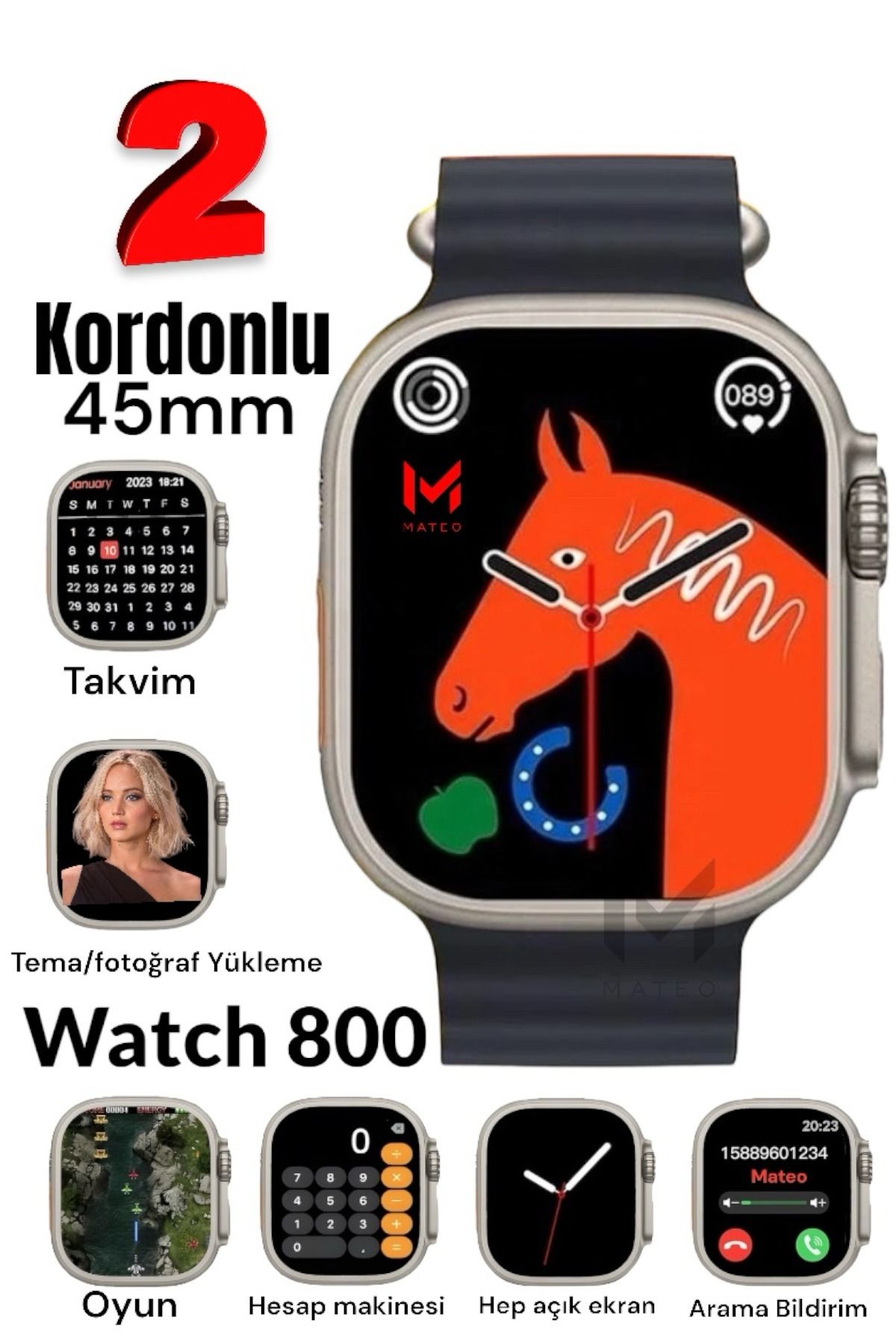 MATEO Akıllı Saat Watch 8 Ultra 45mm 1.99 İnç Türkçe Tüm Telefonlara Uyumlu Gümüş Kasa smartwatch Siyah