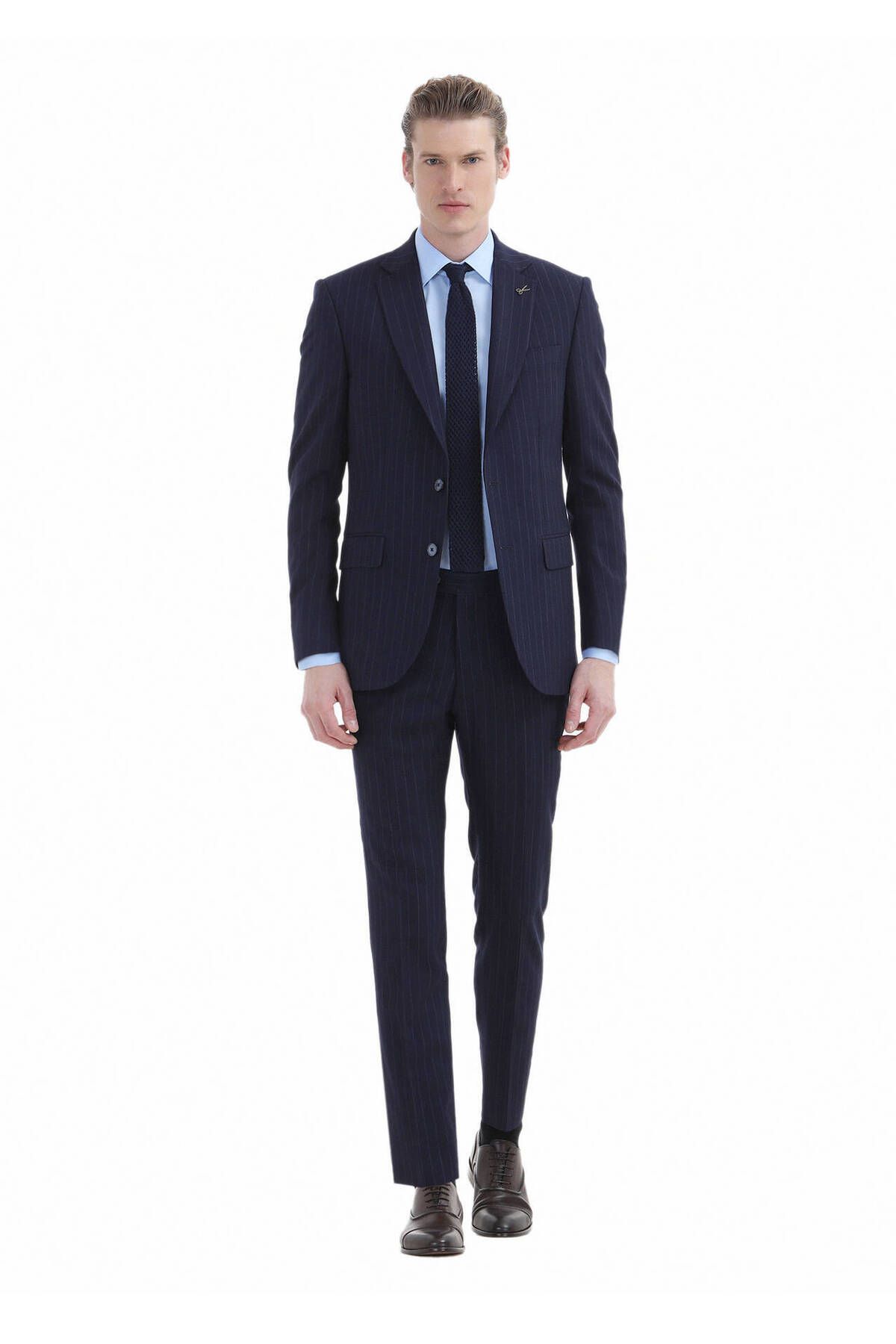 Ramsey Lacivert Çizgili Thin&taller Slim Fit Yün Karışımlı Takım Elbise