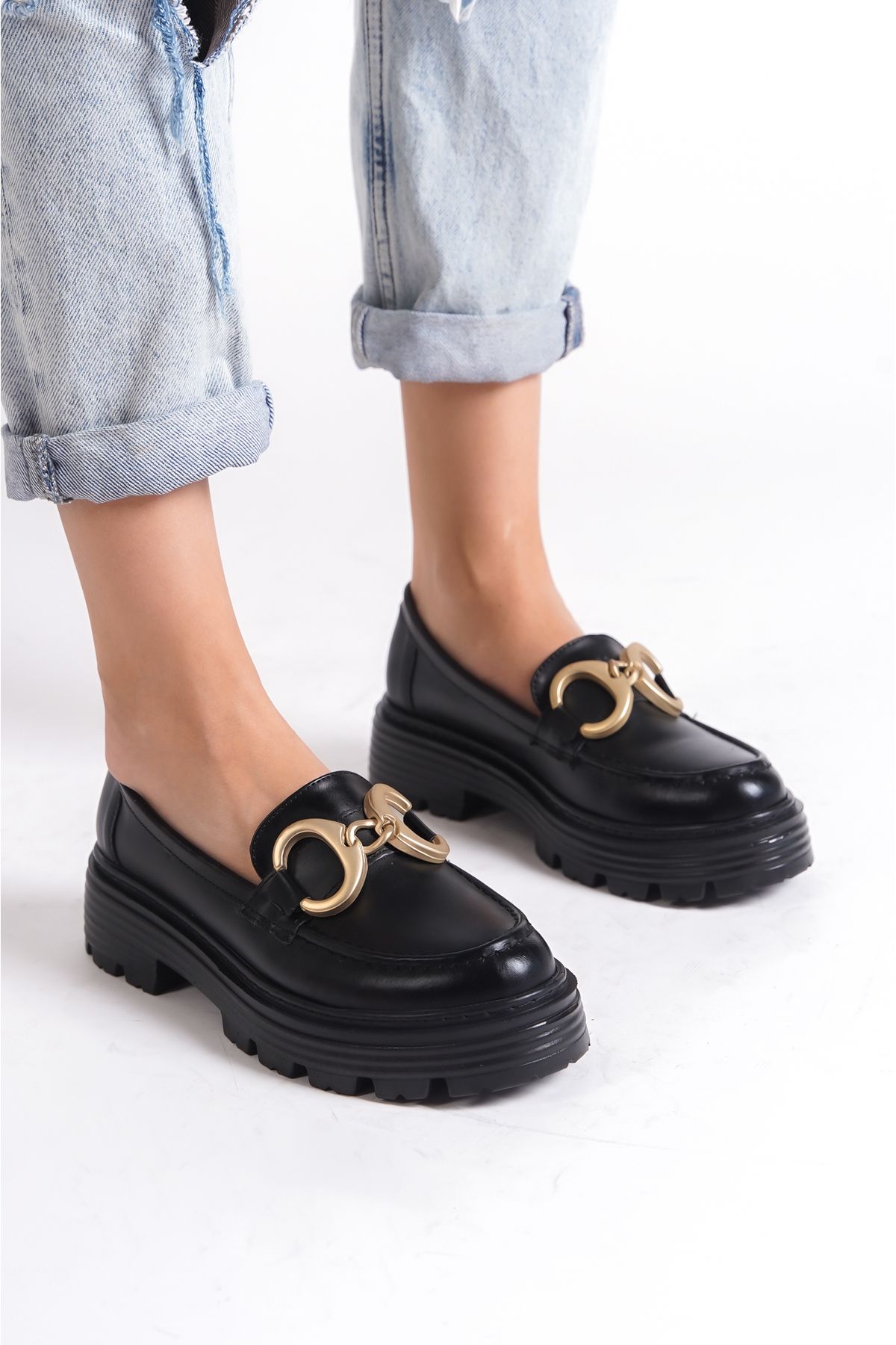 Artgoo kadın siyah cilt gold tokalı loafer kolej ayakkabısı