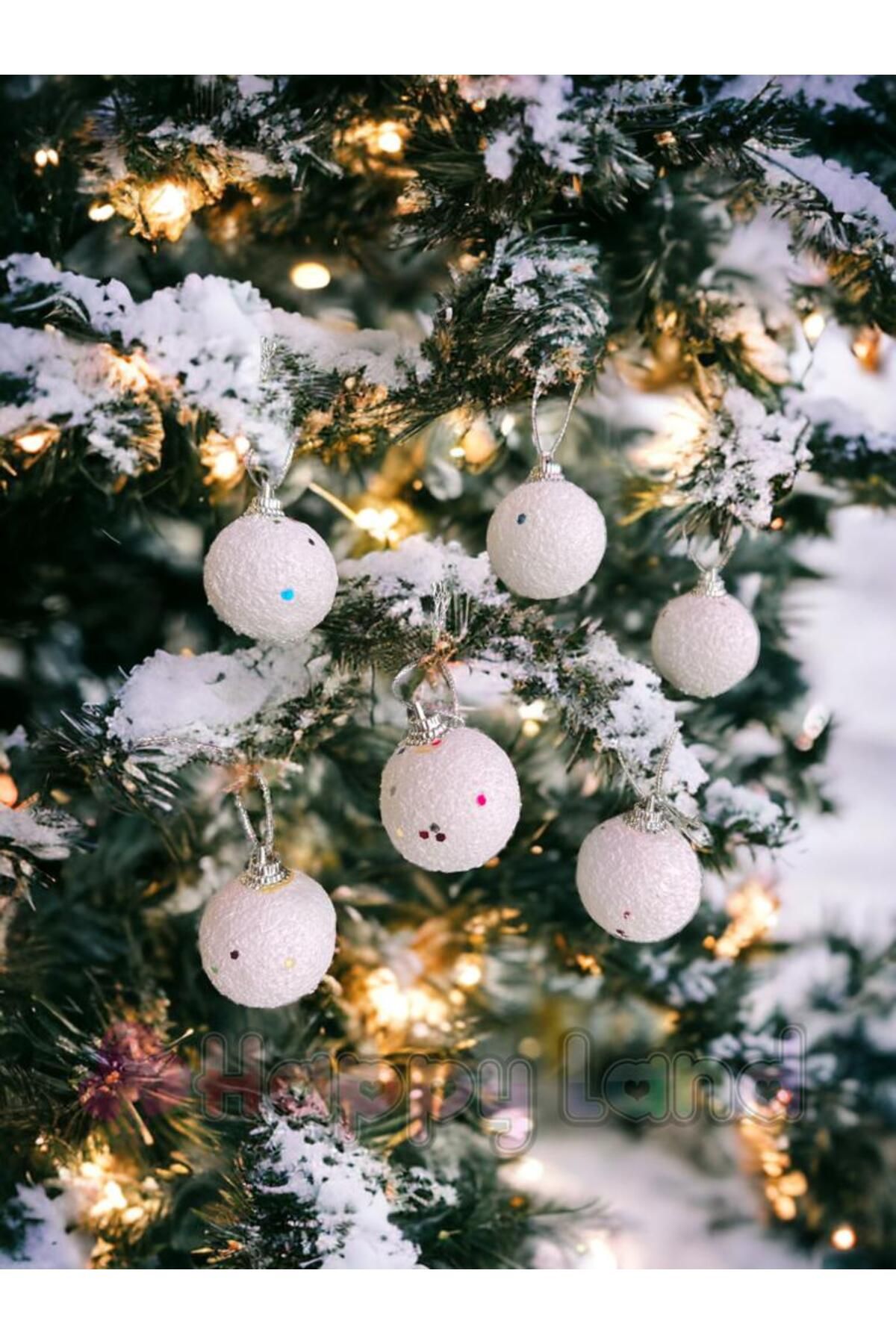 Happyland Yılbaşı Ağacı Süsleme 4 cm Beyaz Kar Topu 6'lı Kar Topu Ağaç Süsü Yeni Yıl