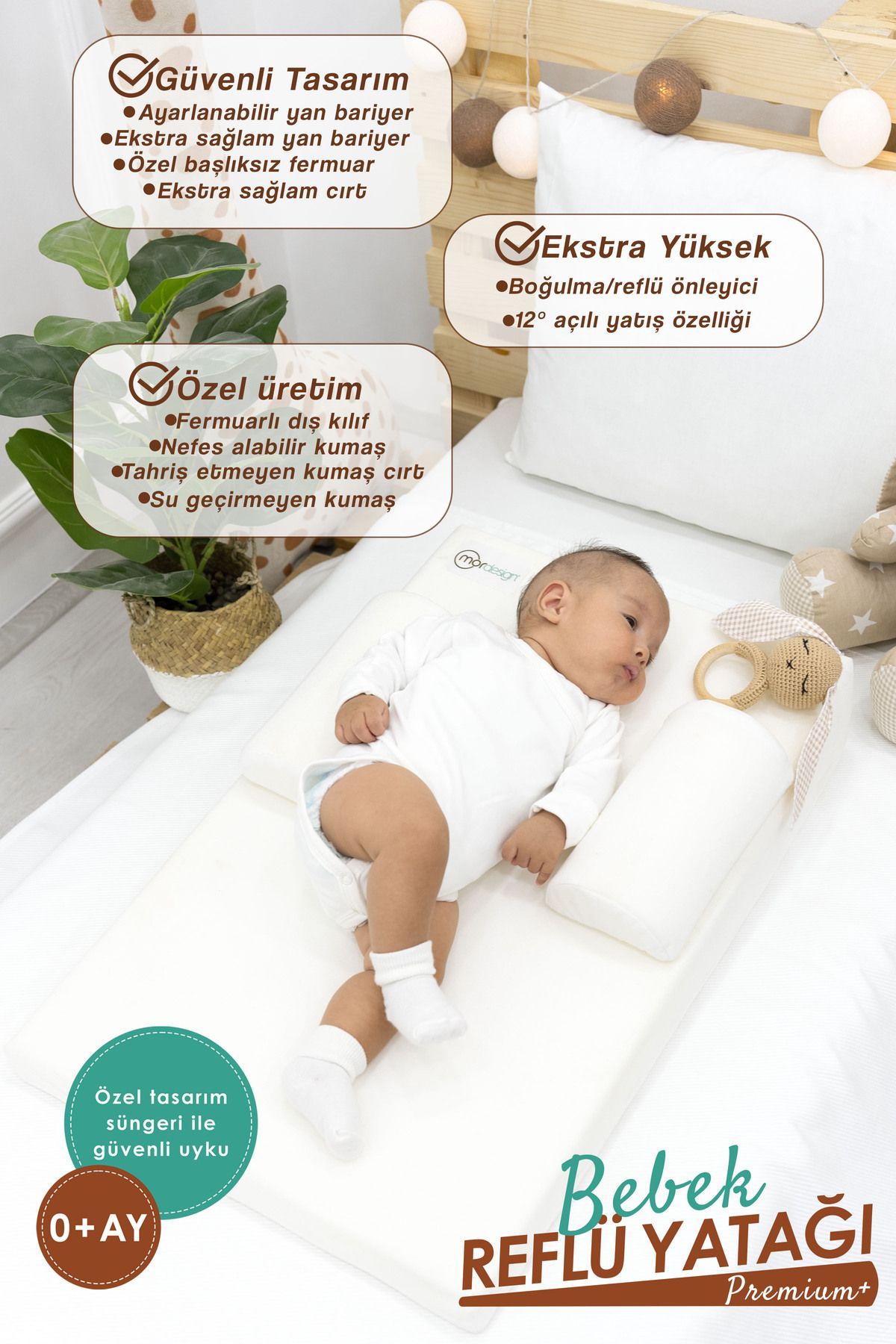mordesign Bebek Yatağı, Yıkanabilir, Ayarlanabilir Yan Bariyer Yastıklı Reflü Yatağı