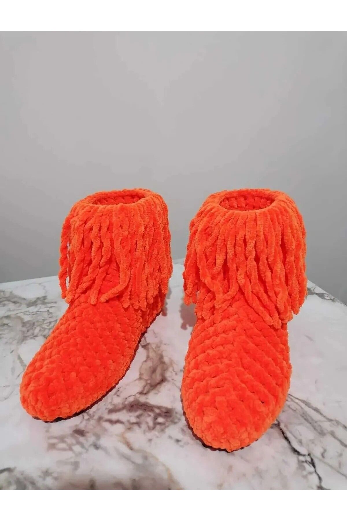 Merut style El örgüsü kadife ip turuncu püsküllü ev botu panduf