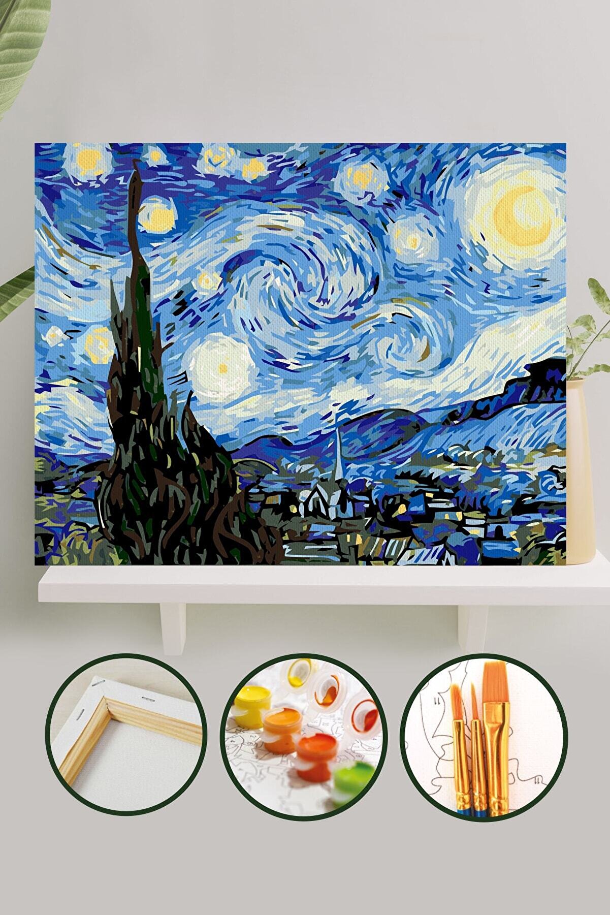Palmiye Hobi Sanat Kırtasiye Sayılarla Boyama Tuval Seti Fırça Boya Dahil (Çıtalı) 40x50 CM - Van Gogh Yıldızlı Gece