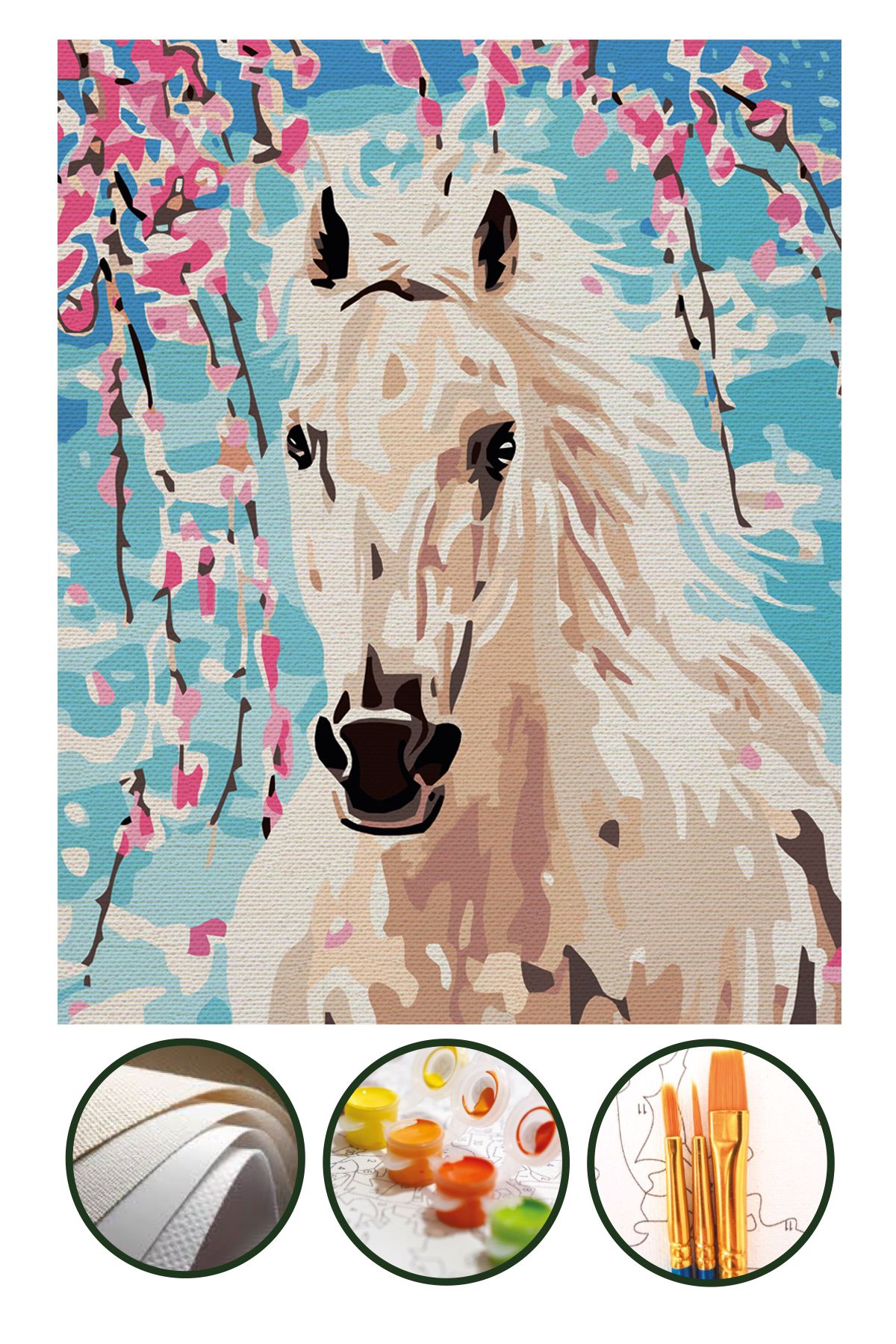 Palmiye Hobi Sanat Kırtasiye Sayılarla Boyama Hobi Seti Fırça Boya Dahil (Çıtasız Bez) 40x50 CM - Beyaz At