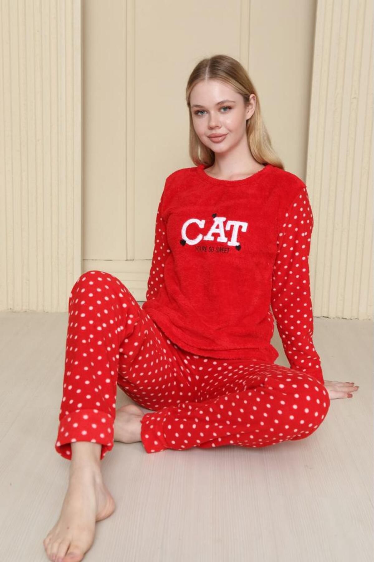 FAMES PİJAMA Kırmızı Cat Wellsoft Kışlık Kadın Pijama Takımı