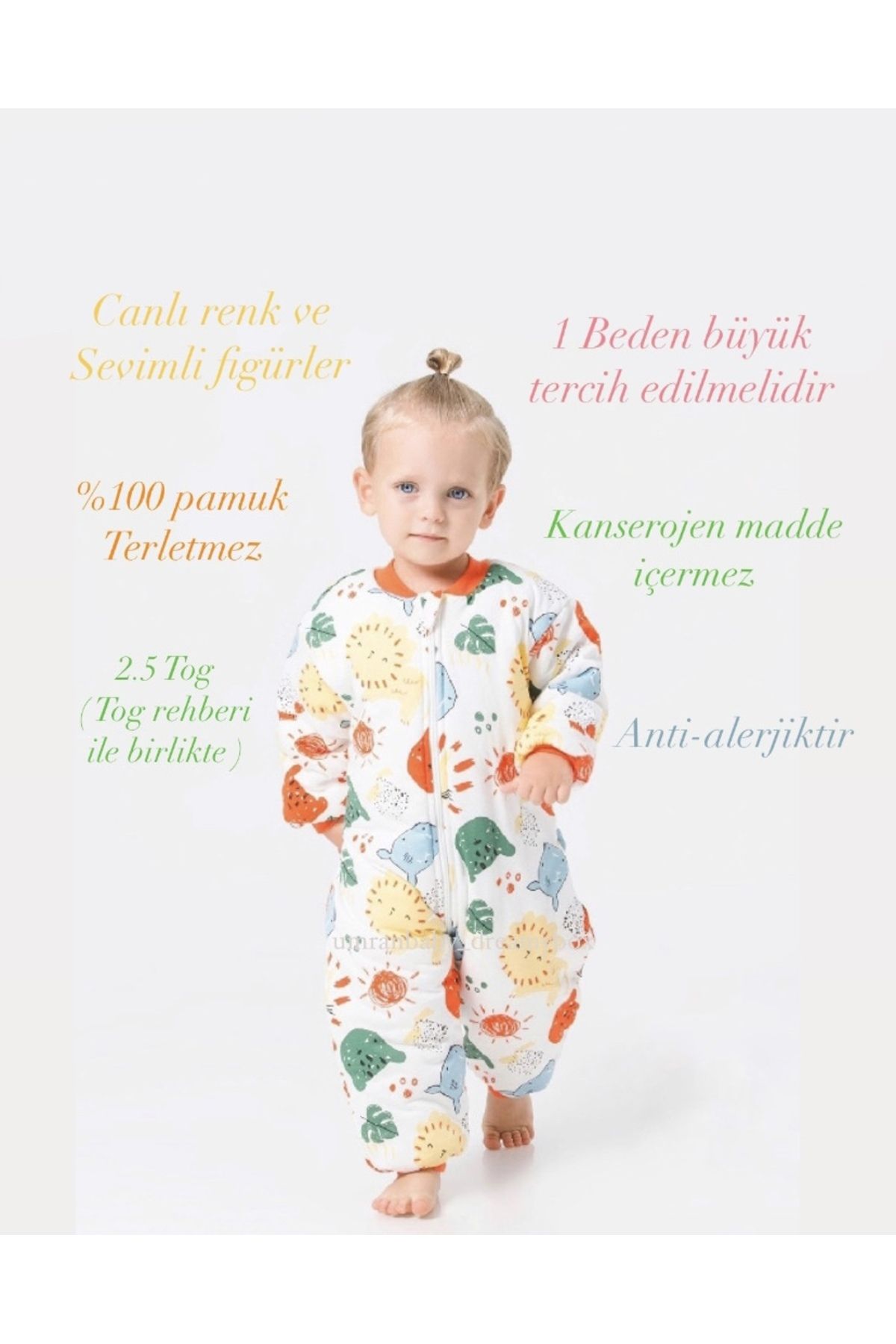 Ümranbaby Unisex Kız Erkek Çocuk Bebek Animal Desen Fermuarlı Premium Kalite 2.5 Tog Lüx Uyku Tulumu 1-6 Yaş