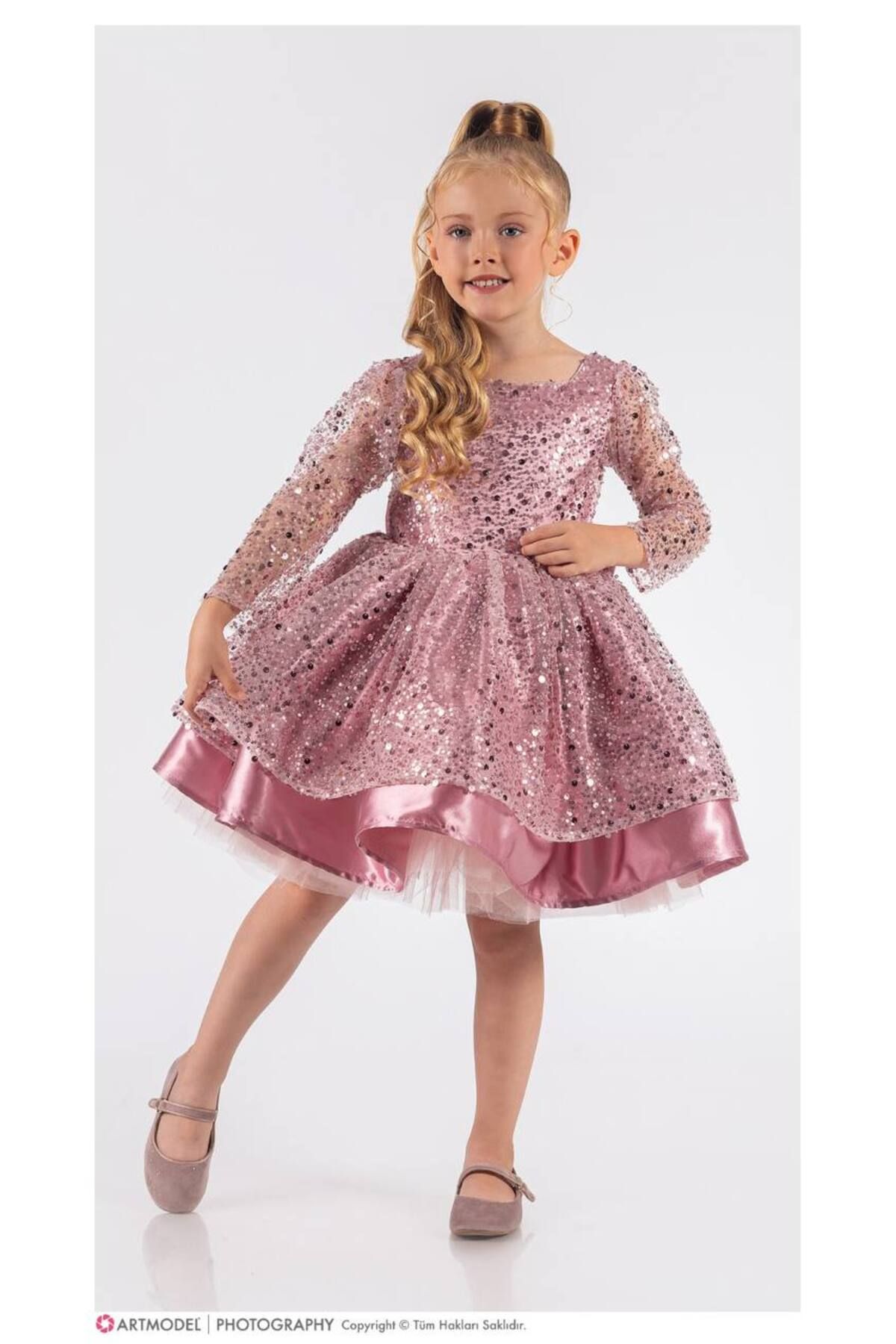 Sare Çocuk Giyim Çocuk Pudra Pembe Taş ve Boncuk İşleme Prenses Elbise