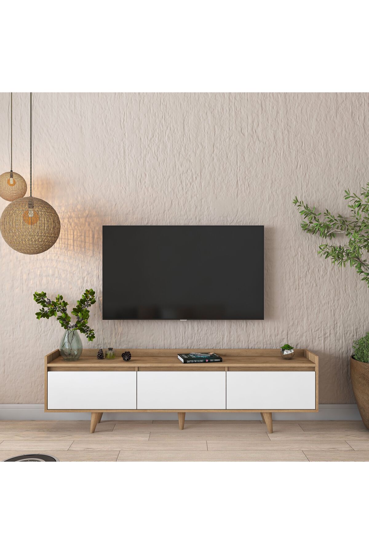 Rani Mobilya Rani AA140 Tv Ünitesi Düşer Kapaklı Tv Sehpası 180 Cm Sepet Ceviz - Beyaz