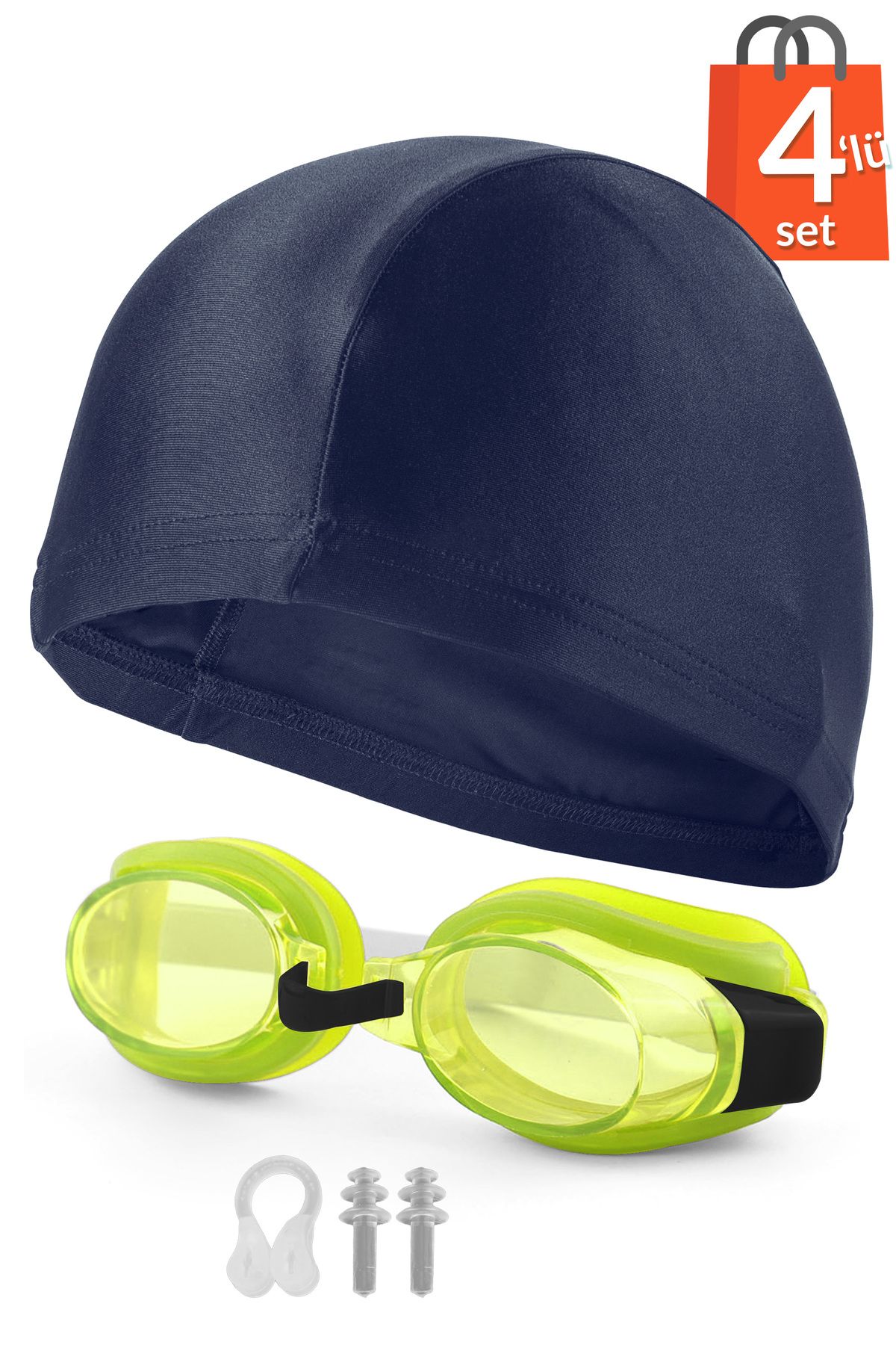 Telvesse 4lü Set Yüzücü Gözlüğü Kumaş Bone Kulak Ve Burun Tıkaçlı Set Yüzme Havuz Deniz Gözlüğü Sarı