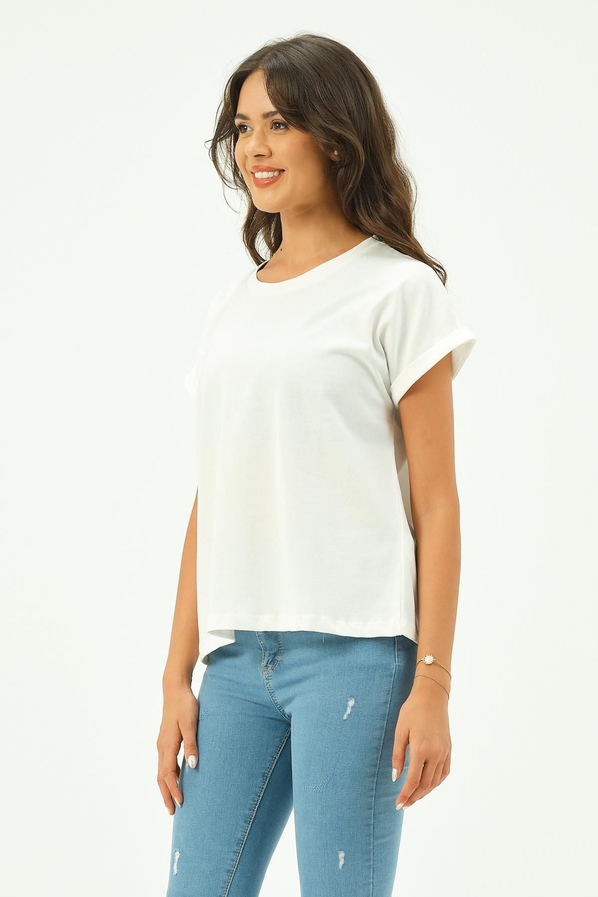 Rich Kadın Düz renk Pamuk Tişört Tshirt Yarasa Kollu