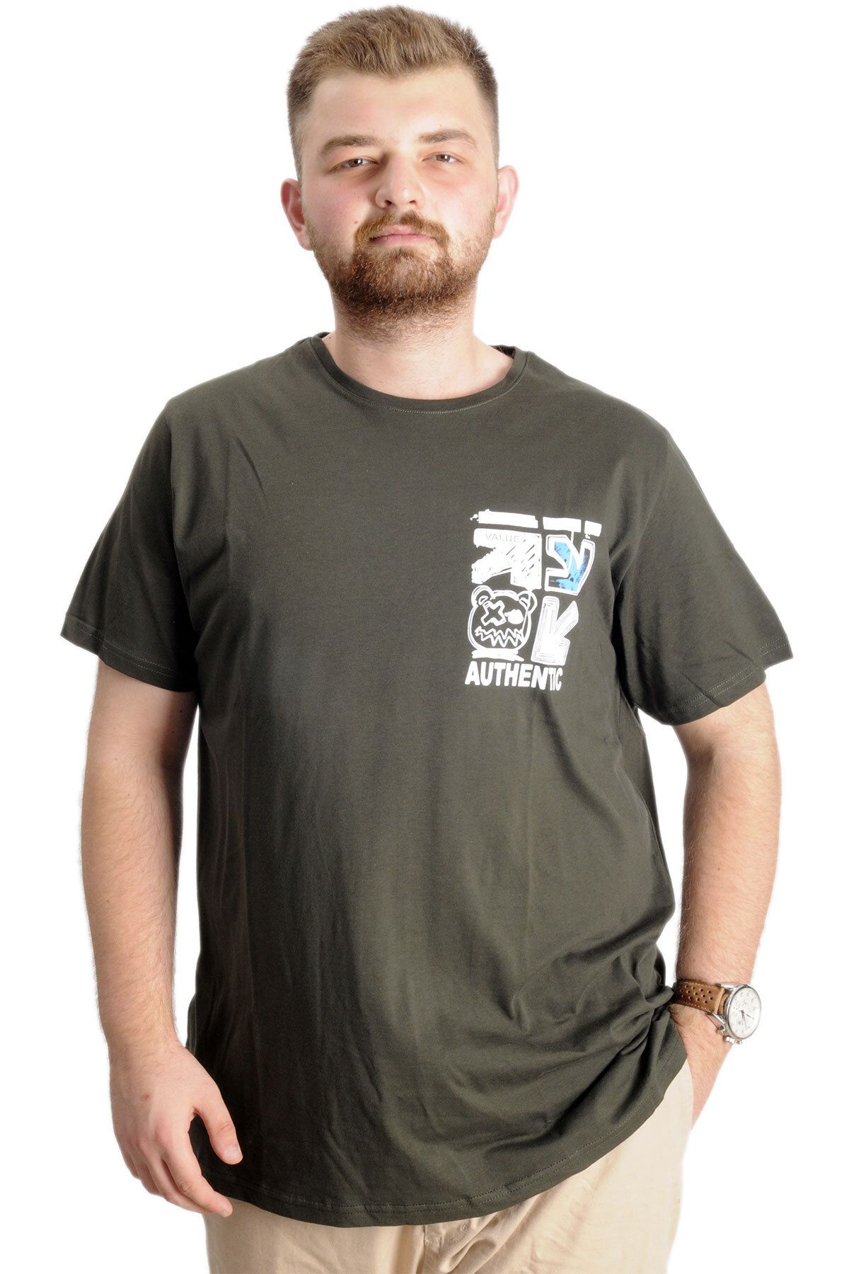 Modexl Mode Xl Büyük Beden Erkek T-shirt Bis Yaka Authentic 23140 Haki