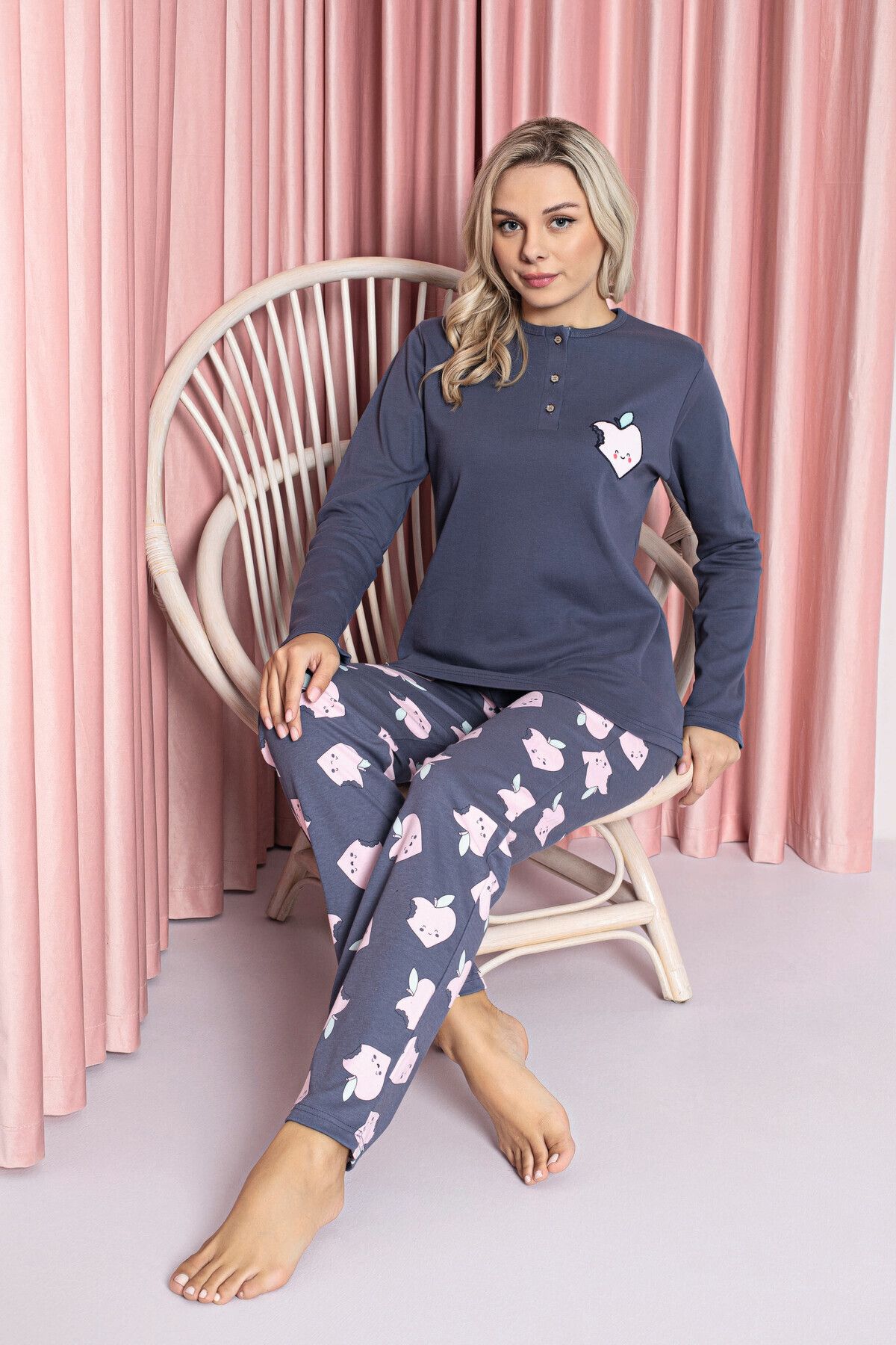 AHENGİM Woman Kadın Pijama Takımı Genç Interlok Elma Desenli Pamuklu Mevsimlik W20442251