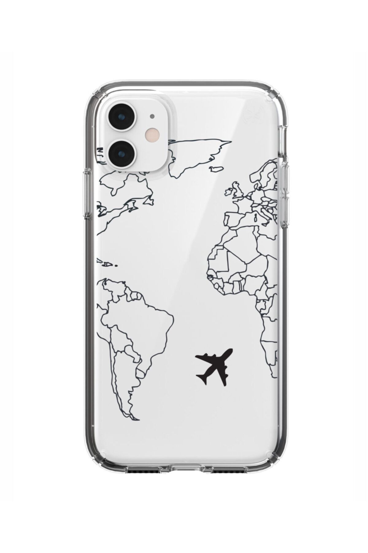 mooodcase Iphone 11 World Map Lines Premium Şeffaf Silikon Kılıf Siyah Baskılı