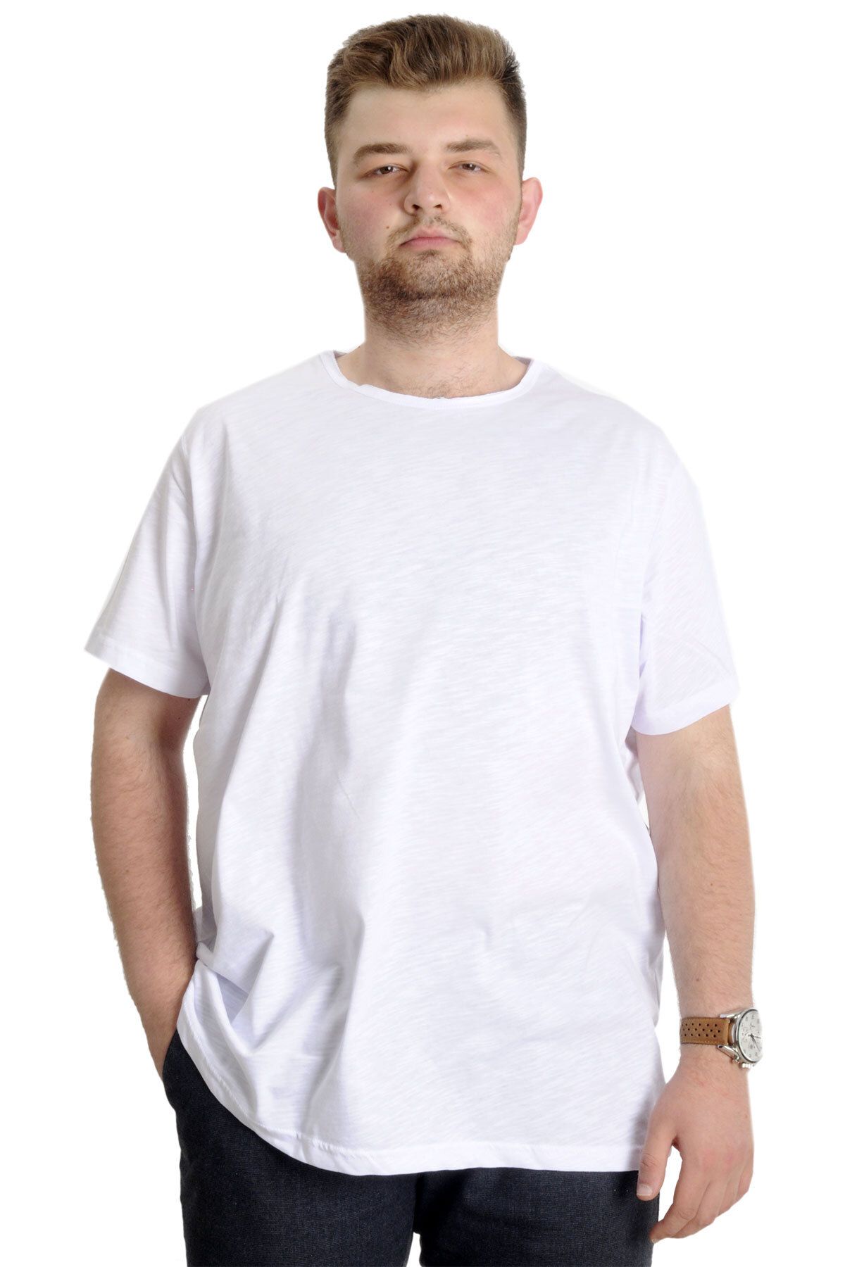 Modexl Mode XL Büyük Beden Erkek T-shirt FLAM Yaka Basic 20035 Beyaz