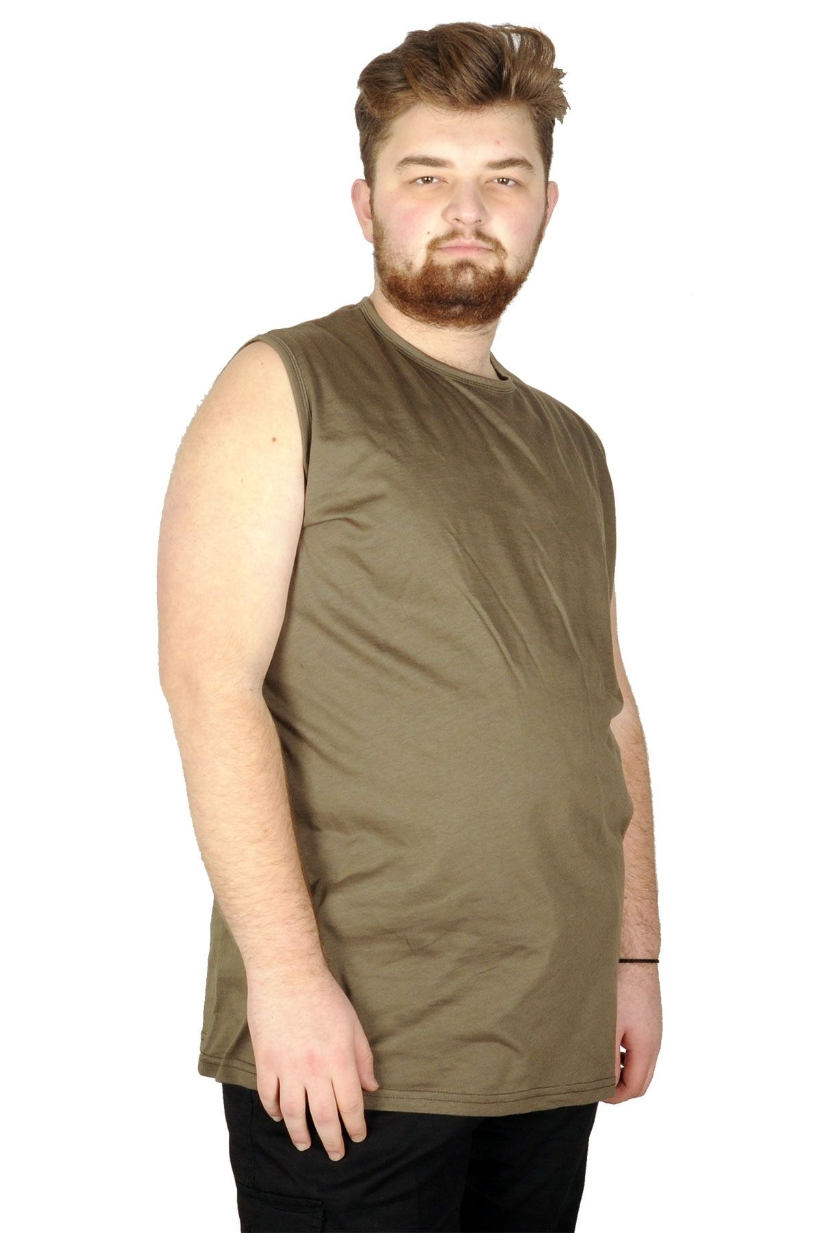 Modexl Mode Xl Battal Beden Erkek Kolsuz Tshirt Düz 20003 Haki