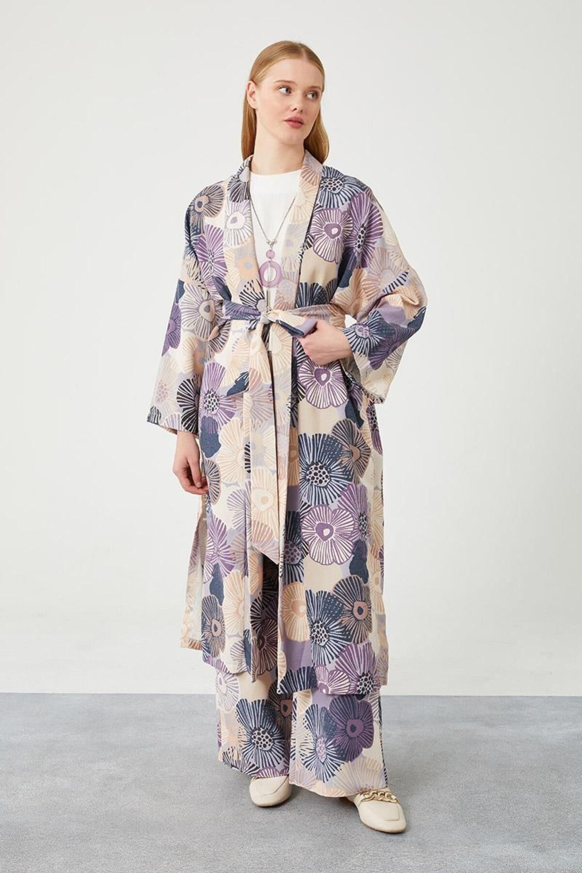 Levidor Mavi Ikili Takım Keten Çiçekli Kimono