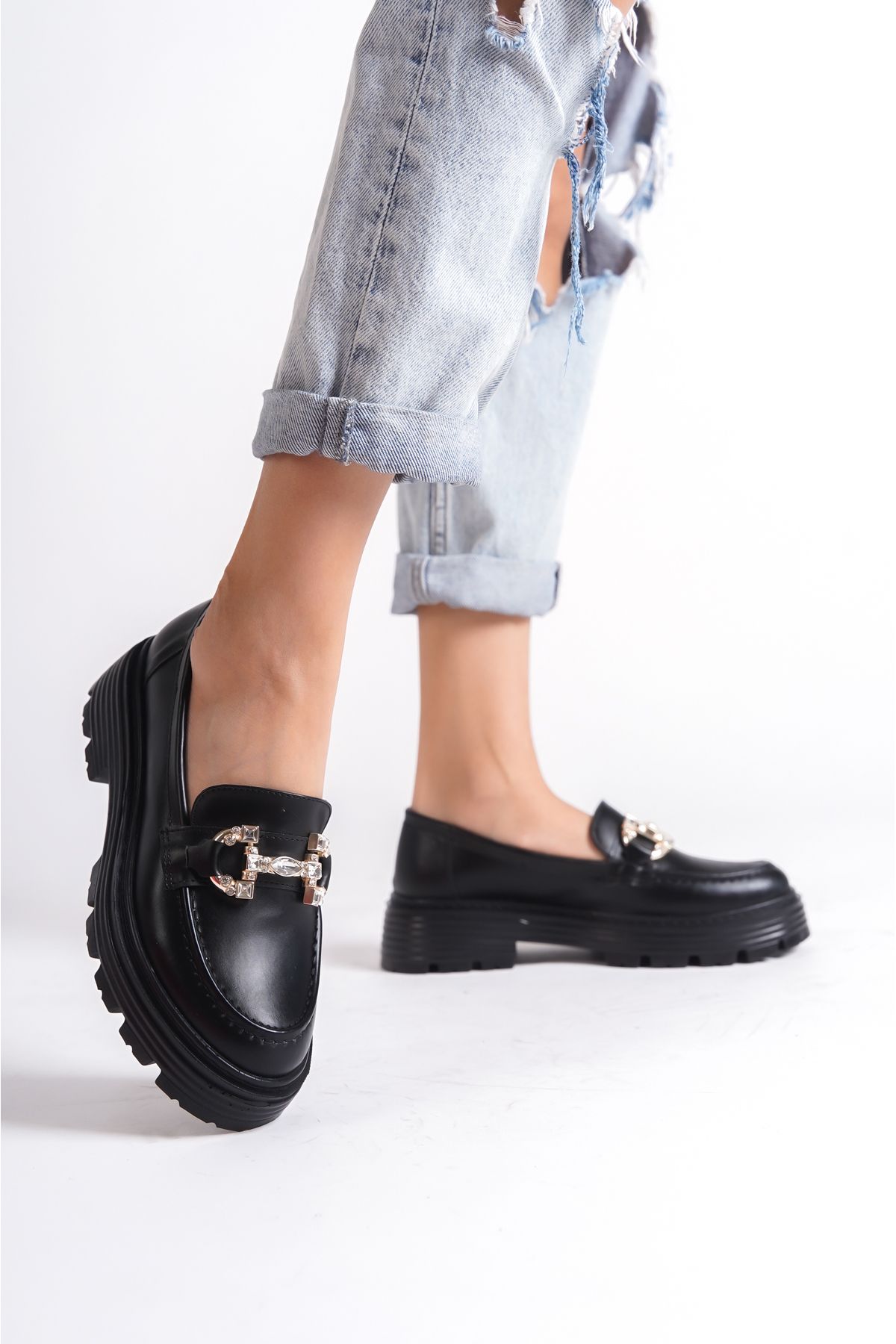 Artgoo kadın siyah cilt taşlı loafer kolej ayakkabısı