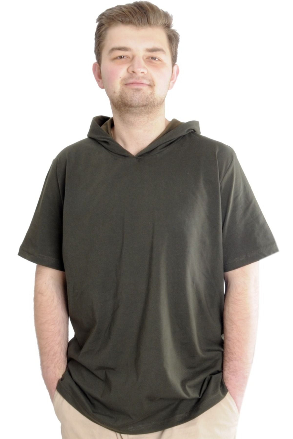 Modexl Mode Xl Büyük Beden Erkek T-shirt Kapşonlu Kısa Kol 23118 Haki