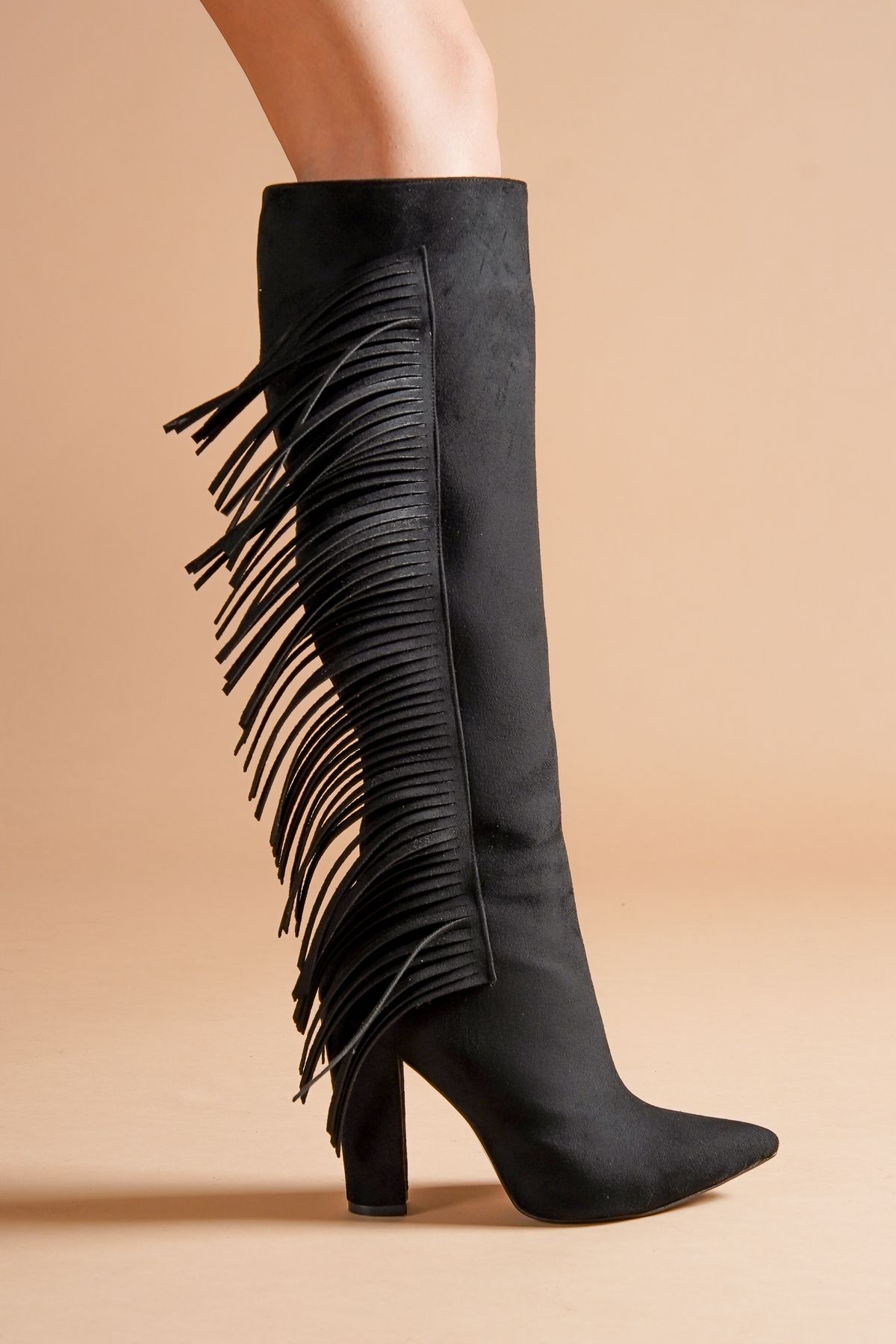Ayakkabı Ateşi Martin Siyah Süet Püsküllü Stiletto Kadın Çizme