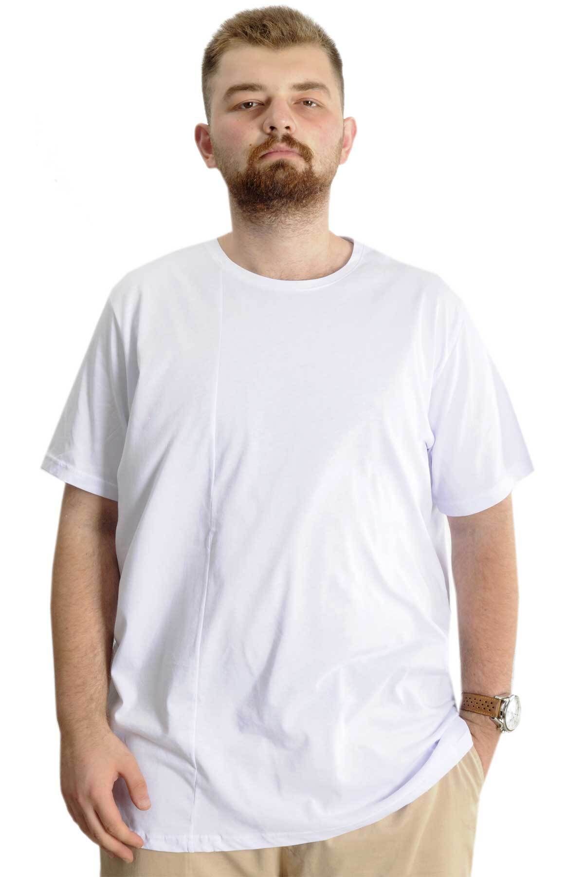 Modexl Mode XL Büyük Beden Erkek T-Shirt Bis Yaka Fragmented 23133 Beyaz