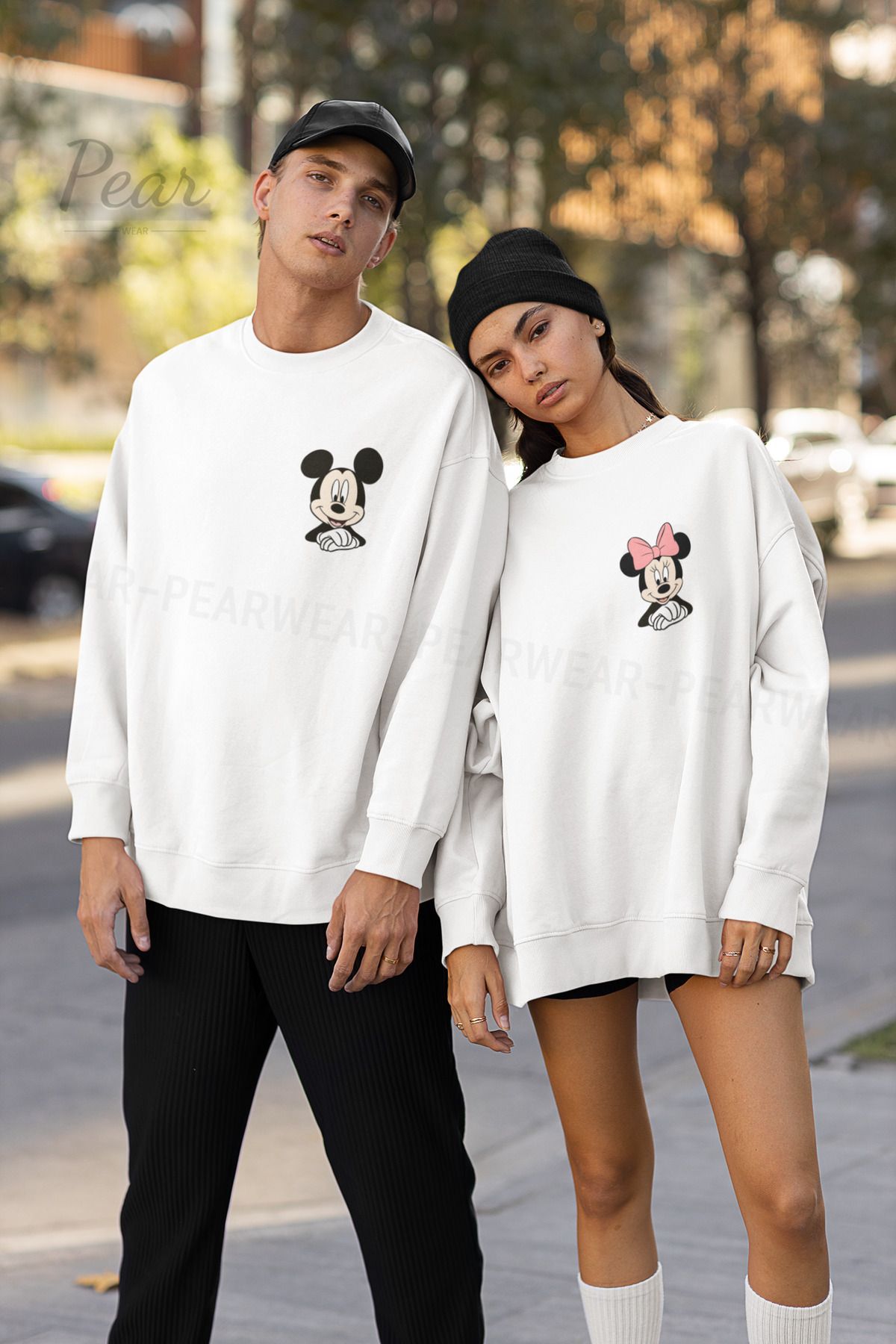 Pear Wear Mickey Minnie Mouse Baskılı Çift Sweatshirt Unisex Oversize 2'li Sevgili Takım Hoodie