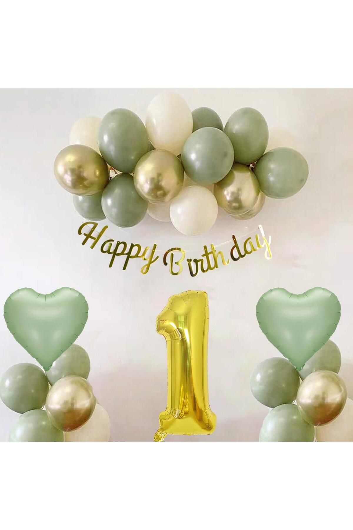 Patladı Gitti Adaçayı Konsept 1 Yaş Doğum Günü Seti ; Küf Yeşili-krom Gold- Deniz Kumu Ve Adaçayı Kalp Folyo Balon