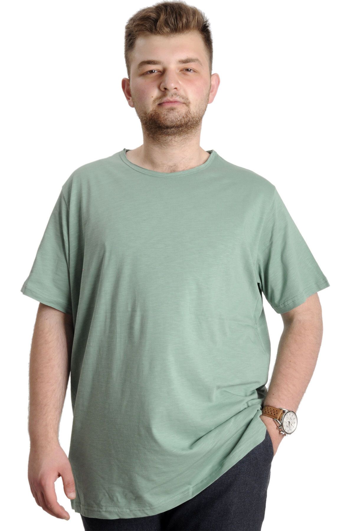 Modexl Mode XL Büyük Beden Erkek T-shirt FLAM Yaka Basic 20035 Çağla Yeşili